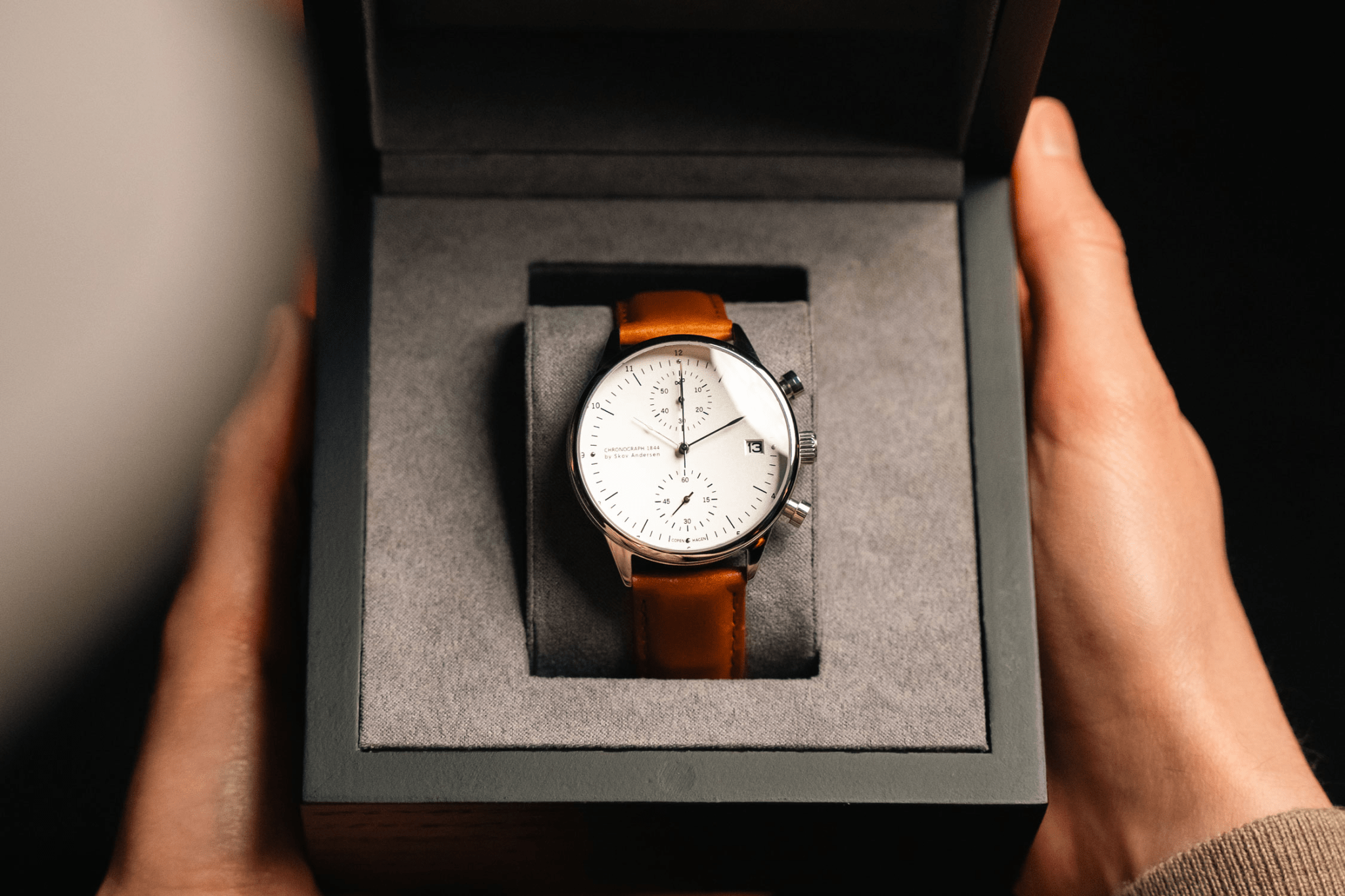 1844 Chronograph by AV86 with vintage-inspired dial, precise chronograph functions, sapphire crystal, and brown leather strap in presentation box