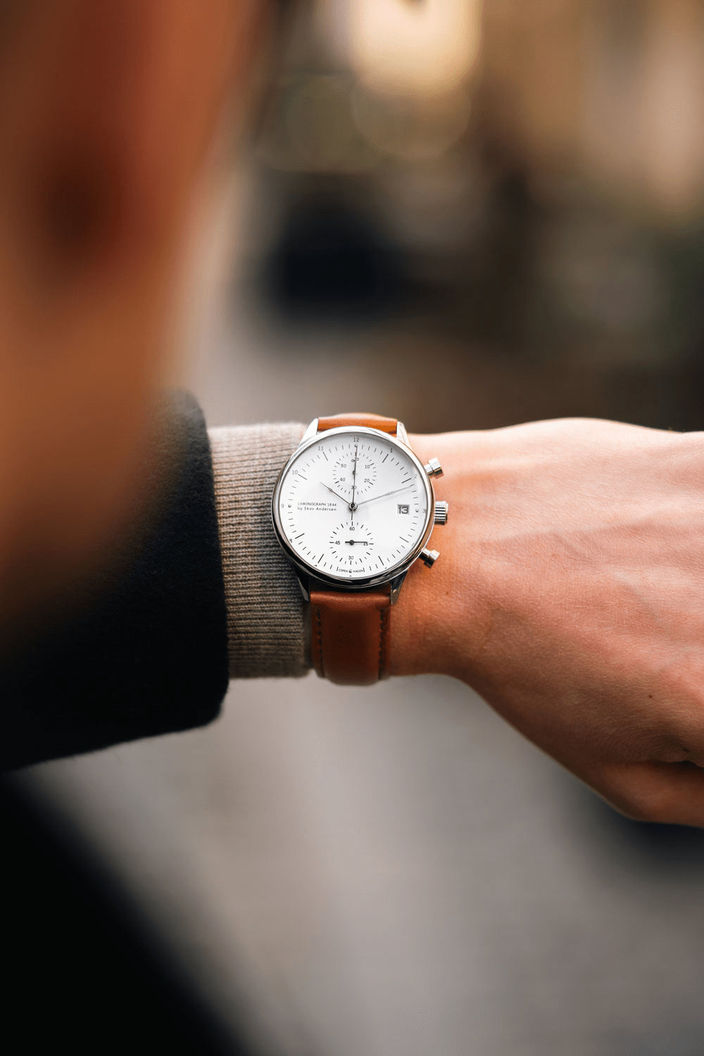 1844 Chronograph by AV86, luxury chronograph with sapphire crystal, precise dial, and refined leather strap in a minimalist style