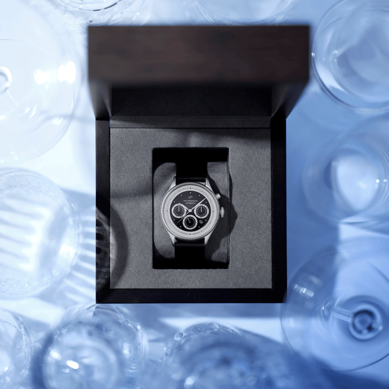 1564 Chronodate Automatic by AV86 with vintage-inspired chronograph dial, sapphire crystal, and black leather strap in presentation box