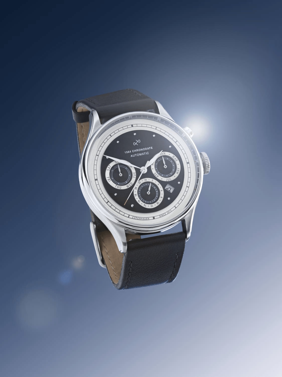 1564 Chronodate Automatic by AV86 luxury vintage-inspired automatic chronograph with sapphire crystal and black leather strap