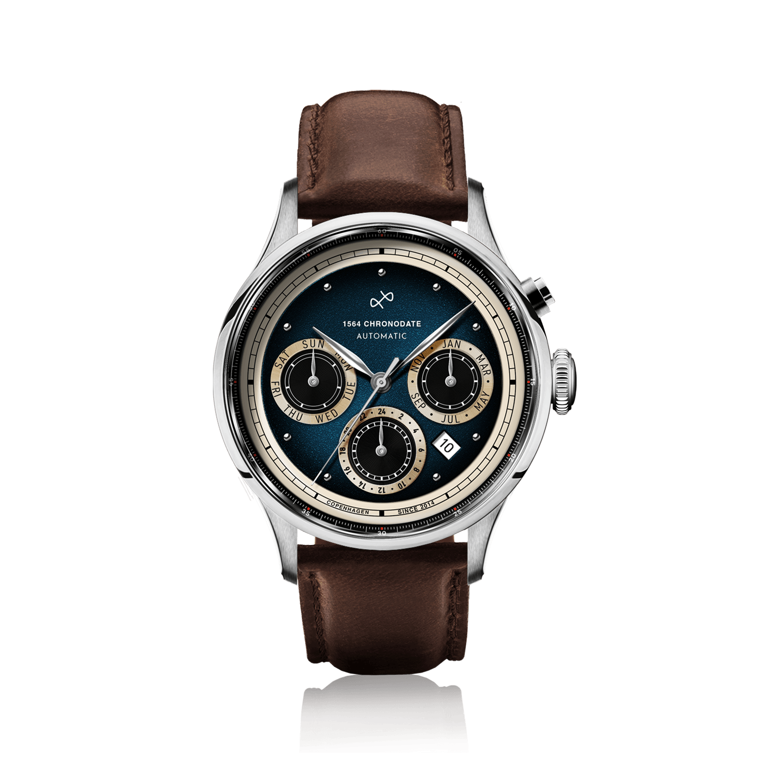 1564 Chronodate Automatic by AV86 features a vintage-inspired automatic chronograph with a deep blue textured dial, triple subdials for day, month, and 24-hour time, polished steel case, sapphire crystal, and a rich brown leather strap, embodying Danish design and Nordic minimalism.