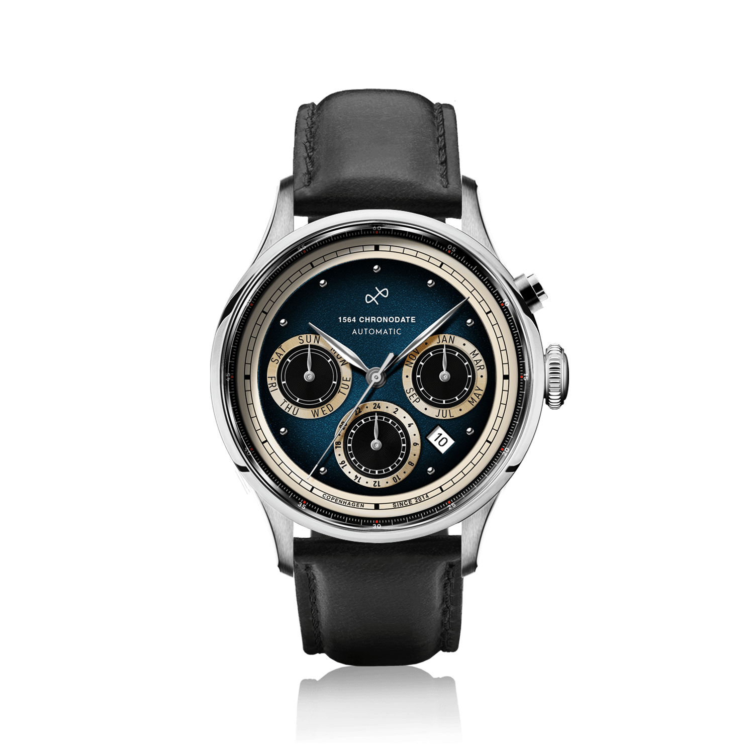 1564 Chronodate Automatic, Steel / Blue by AV86 presents a vintage-inspired automatic chronograph featuring a deep blue dial with triple subdials for day, month, and 24-hour time, encased in polished steel with sapphire crystal and paired with a black leather strap, exemplifying refined Danish watchmaking and timeless Nordic minimalism.