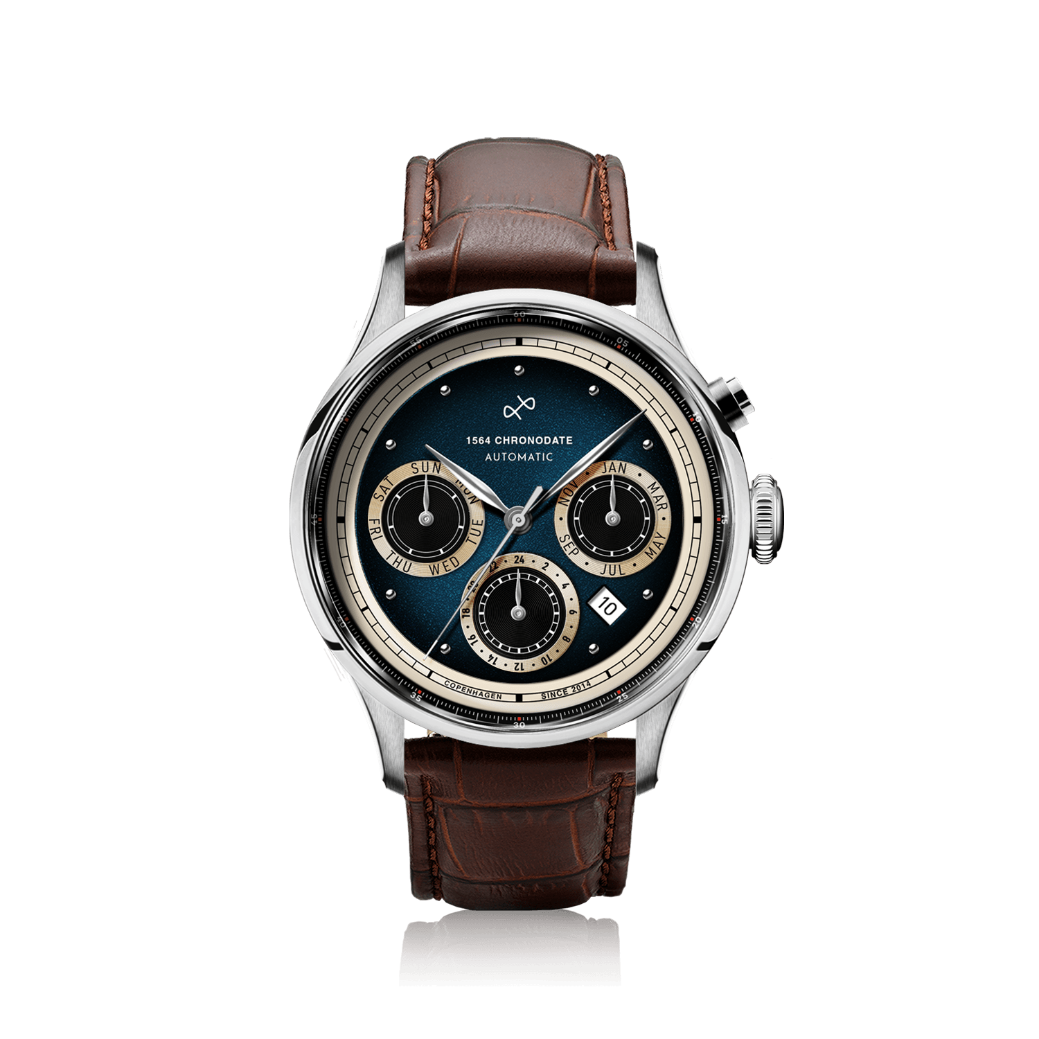 1564 Chronodate Automatic, Steel / Blue by AV86 features a vintage-inspired automatic chronograph with a textured blue dial, triple subdials for day, month, and 24-hour time, polished steel case, sapphire crystal, and a rich brown leather strap, embodying Danish design and Nordic minimalism.