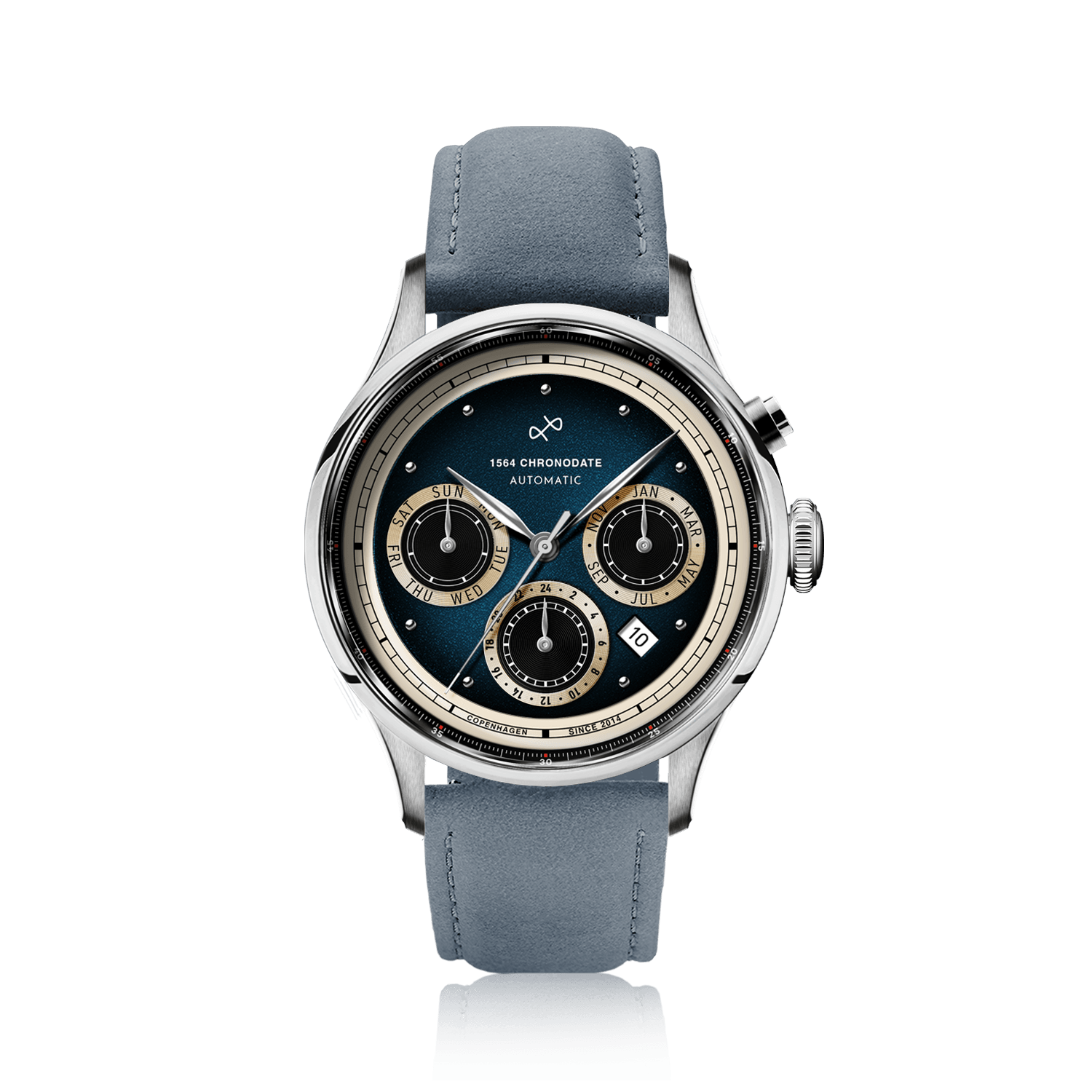 1564 Chronodate Automatic by AV86 showcases a vintage-inspired automatic chronograph with a deep blue dial, triple subdials for day, month, and 24-hour time, polished steel casing, sapphire crystal, and a refined blue suede leather strap, embodying Danish horological excellence and understated Nordic minimalism.
