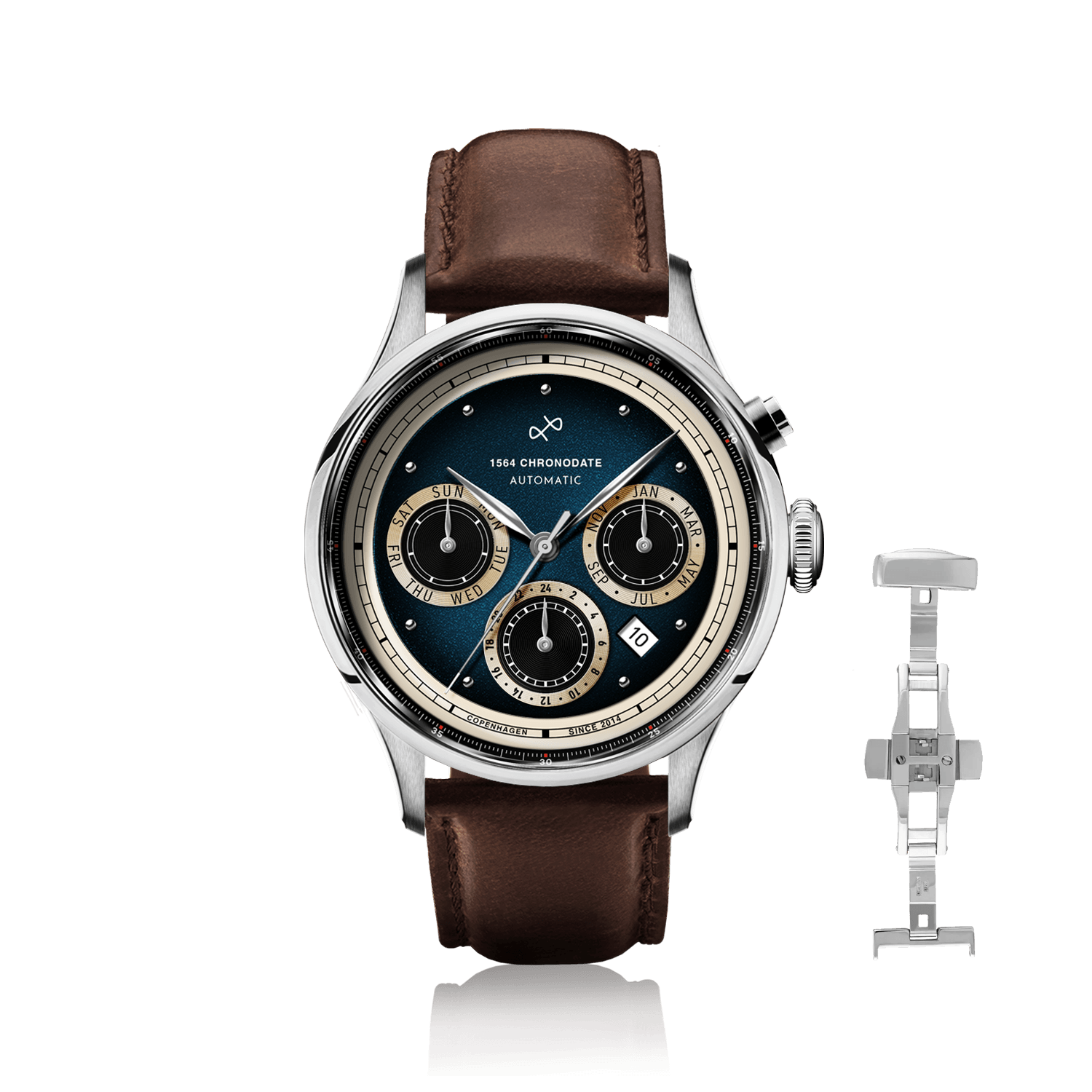 1564 Chronodate Automatic, Steel / Blue by AV86 features a refined automatic chronograph with a textured deep blue dial, triple subdials for day, month, and 24-hour display, polished steel case, sapphire crystal, and a rich brown leather strap with a butterfly clasp, exemplifying Scandinavian luxury and horological craftsmanship.