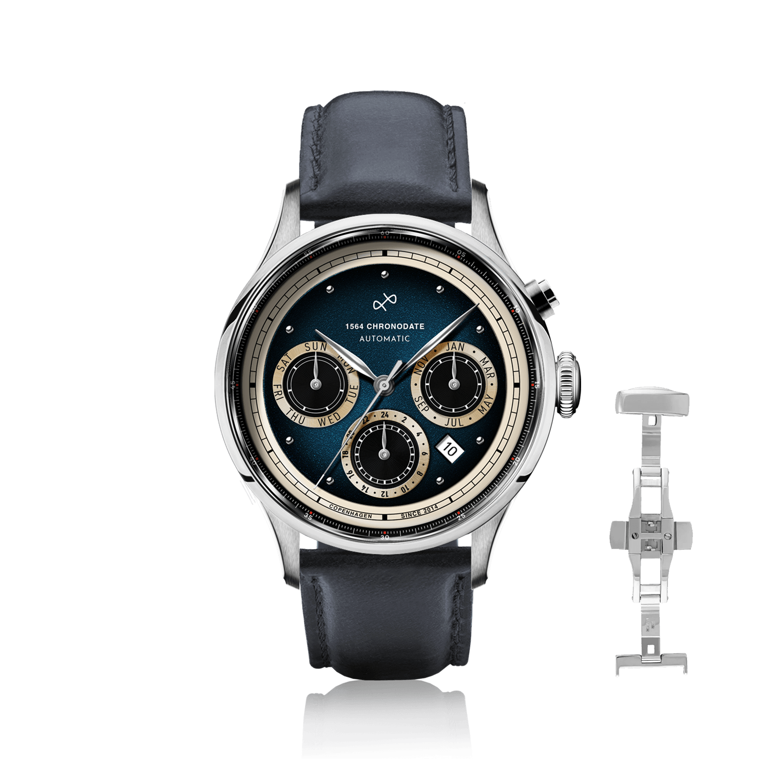 1564 Chronodate Automatic, Steel / Blue by AV86 showcases a vintage-inspired automatic chronograph with a textured dark blue dial, triple subdials for day, month, and 24-hour time, polished steel case, sapphire crystal, and a dark blue leather strap with a butterfly clasp, reflecting refined Danish design and Nordic minimalism.
