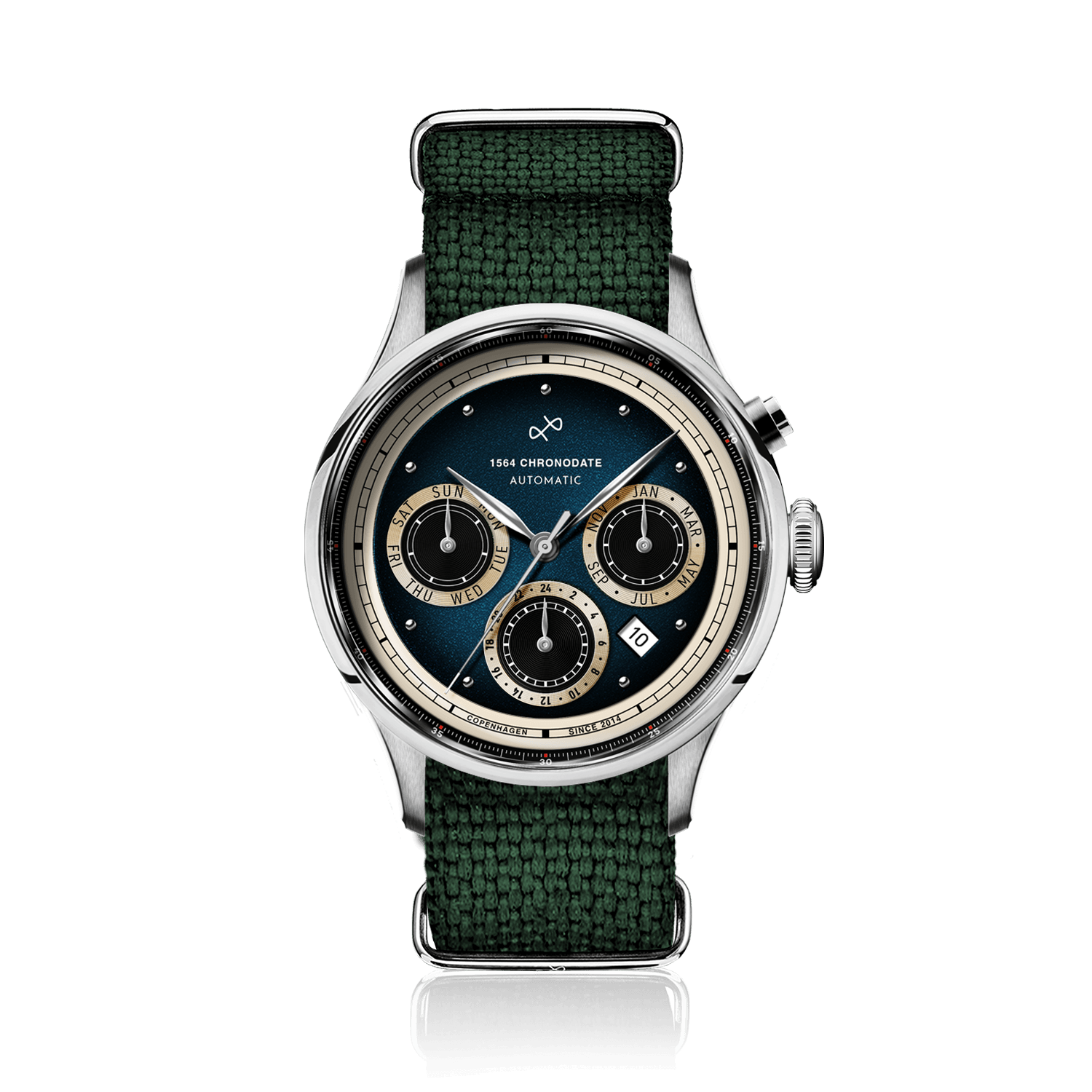 1564 Chronodate Automatic by AV86 features a vintage-inspired automatic chronograph with a textured blue dial, three subdials for day, month, and 24-hour time, sapphire crystal, polished steel case, and a woven green NATO strap, reflecting Scandinavian design and horological craftsmanship.