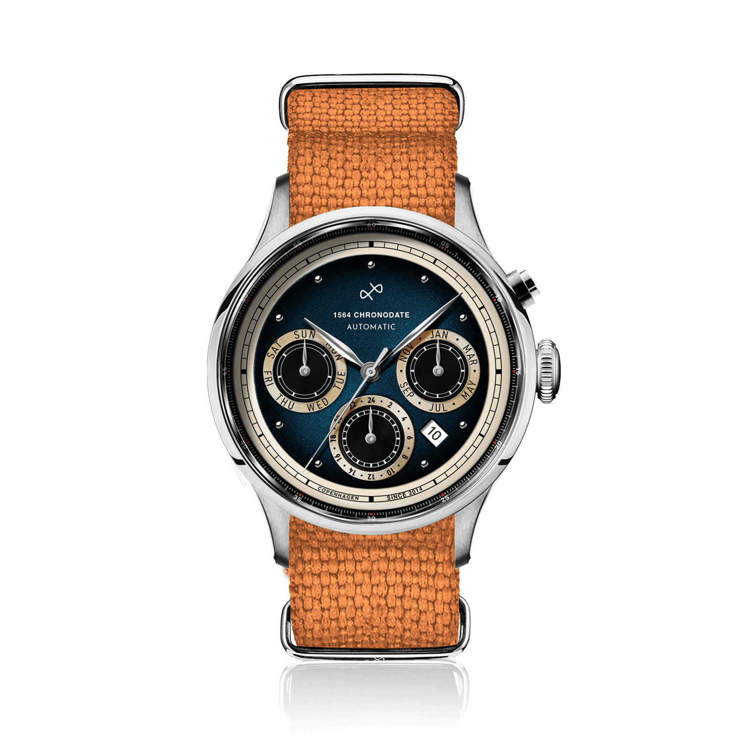 1564 Chronodate Automatic by AV86 features a vintage-inspired automatic chronograph with a sunburst blue dial, three subdials for day, month, and 24-hour time, polished steel case, sapphire crystal, and an orange woven NATO strap, embodying Danish design and Nordic minimalism.