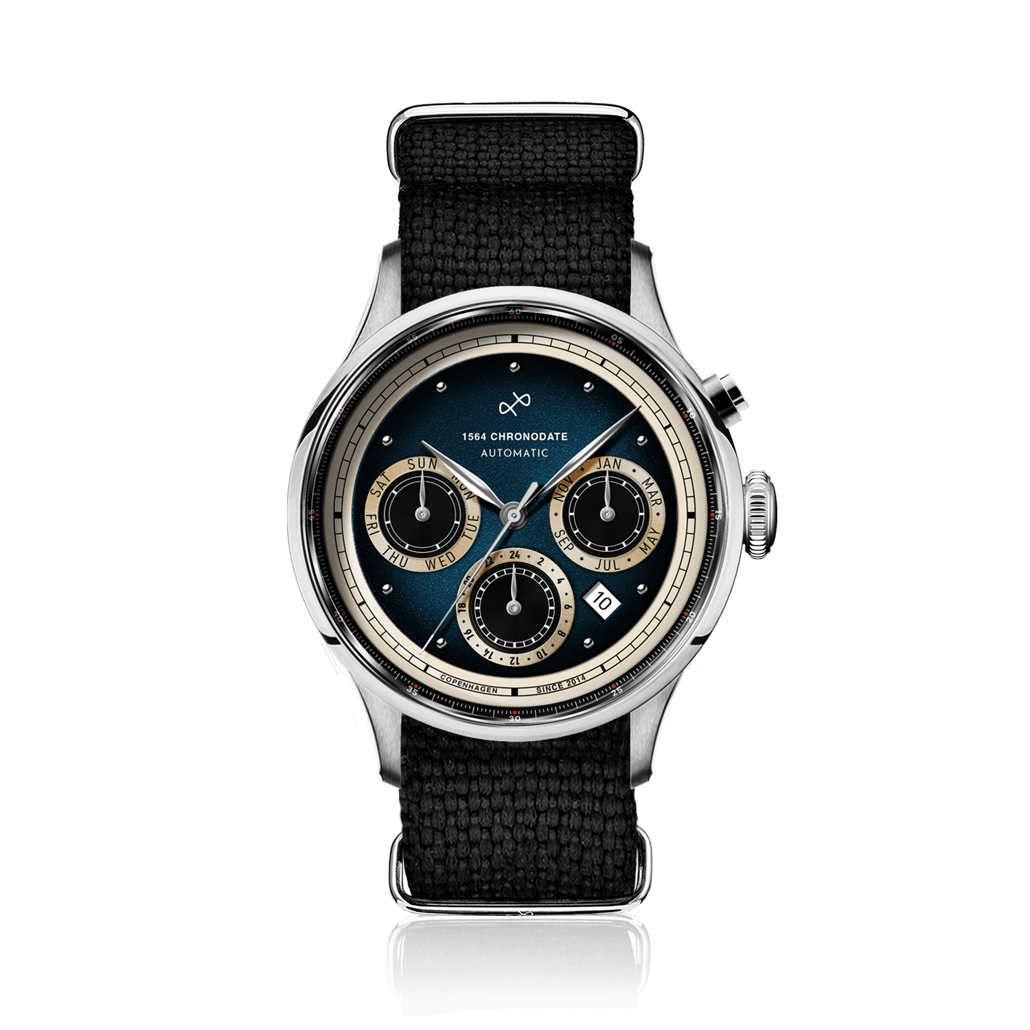 1564 Chronodate Automatic by AV86 features a vintage-inspired automatic chronograph with a deep blue dial, triple subdials for day, month, and 24-hour time, polished steel case, sapphire crystal, and a textured black NATO strap, embodying Scandinavian design and horological precision.