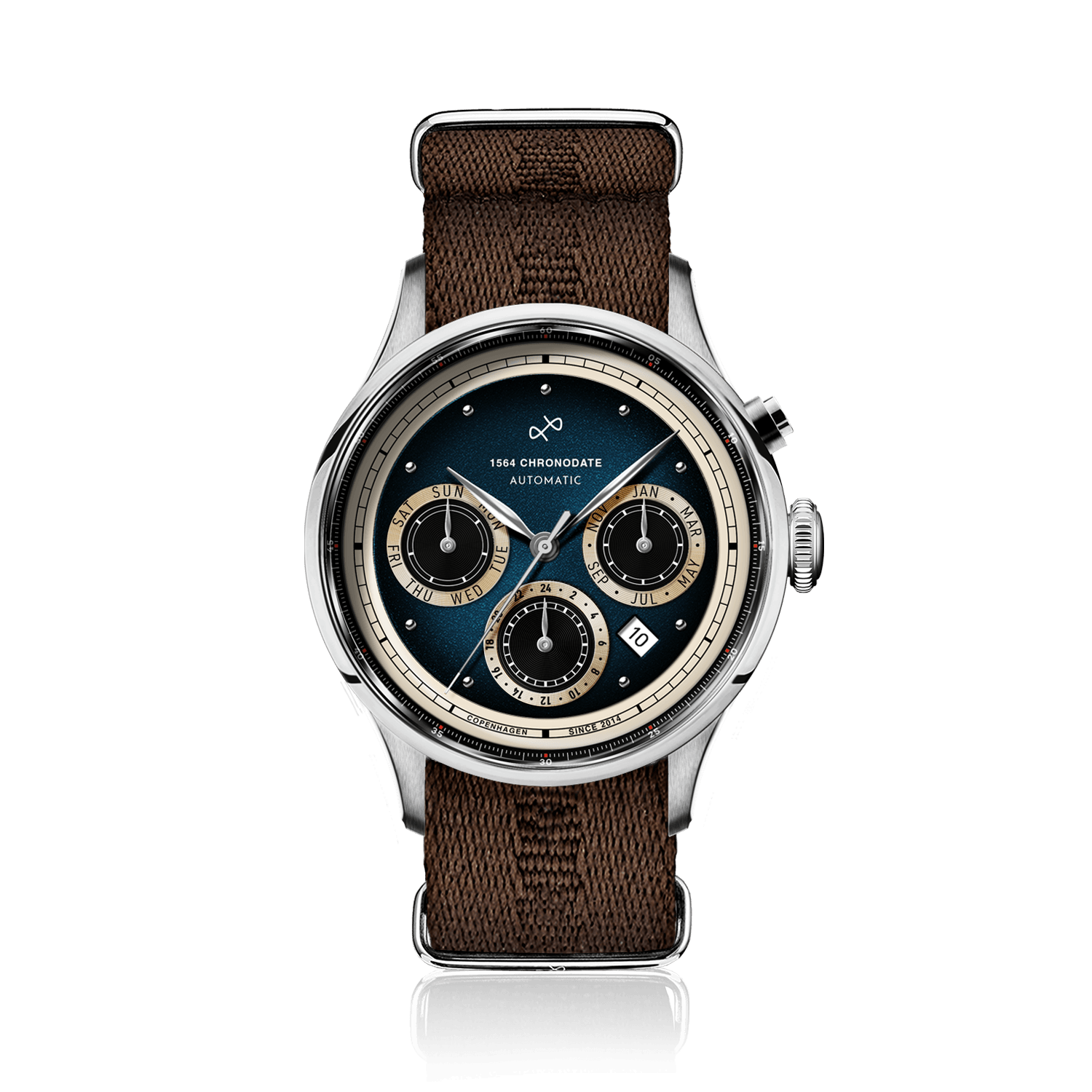 1564 Chronodate Automatic by AV86 features a vintage-inspired automatic chronograph with a textured blue dial, three subdials for day, month, and 24-hour time, a polished steel case, sapphire crystal, and a rugged brown woven NATO strap, exemplifying refined Danish design and Nordic minimalism.
