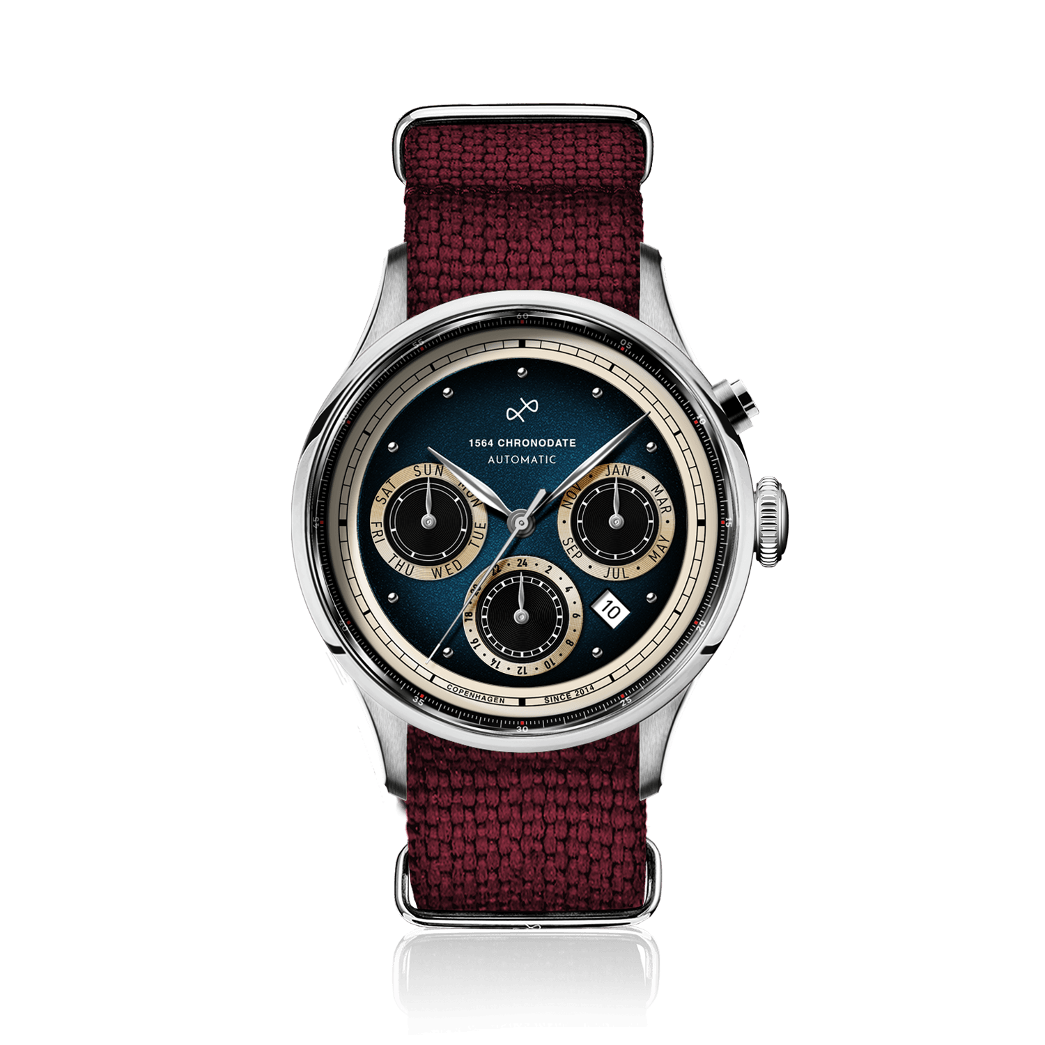 1564 Chronodate Automatic, Steel / Blue by AV86 showcases a vintage-inspired chronograph with a gradient blue dial, three subdials for day, month, and 24-hour time, polished steel case, sapphire crystal, and a textured burgundy woven NATO strap, reflecting Danish design and horological craftsmanship.