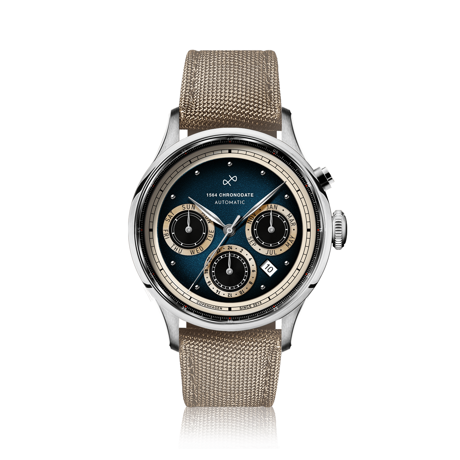 1564 Chronodate Automatic by AV86 is a vintage-inspired automatic chronograph featuring a deep blue dial with cream subdials displaying day, month, and 24-hour time, housed in a polished steel case with sapphire crystal and paired with a textured khaki Cordura strap, exemplifying Nordic minimalism and horological precision.