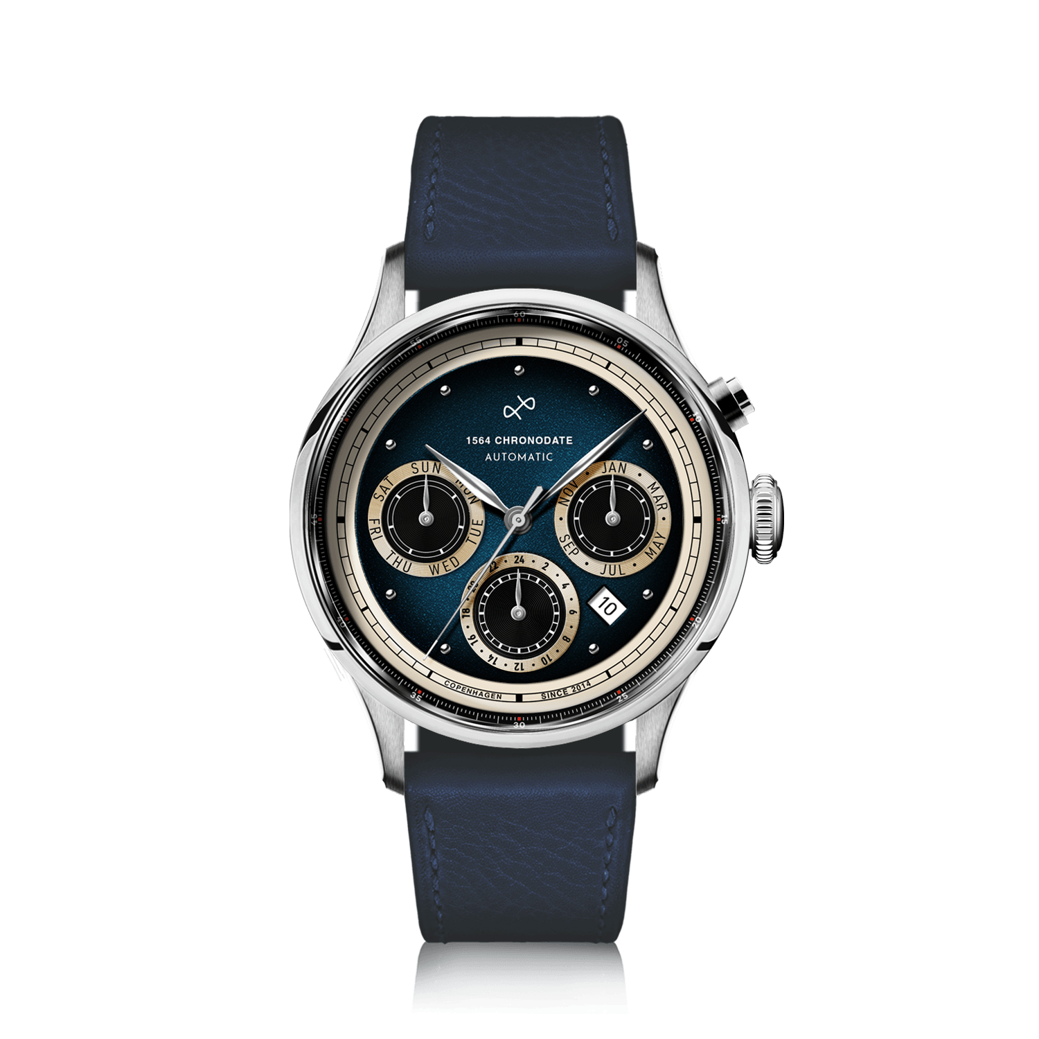 1564 Chronodate Automatic, Steel / Blue by AV86 presents a vintage-inspired automatic chronograph with a deep blue dial, triple subdials for day, month, and 24-hour time, polished stainless steel case, sapphire crystal, and a supple navy leather strap, reflecting Nordic minimalism and Danish horological excellence.