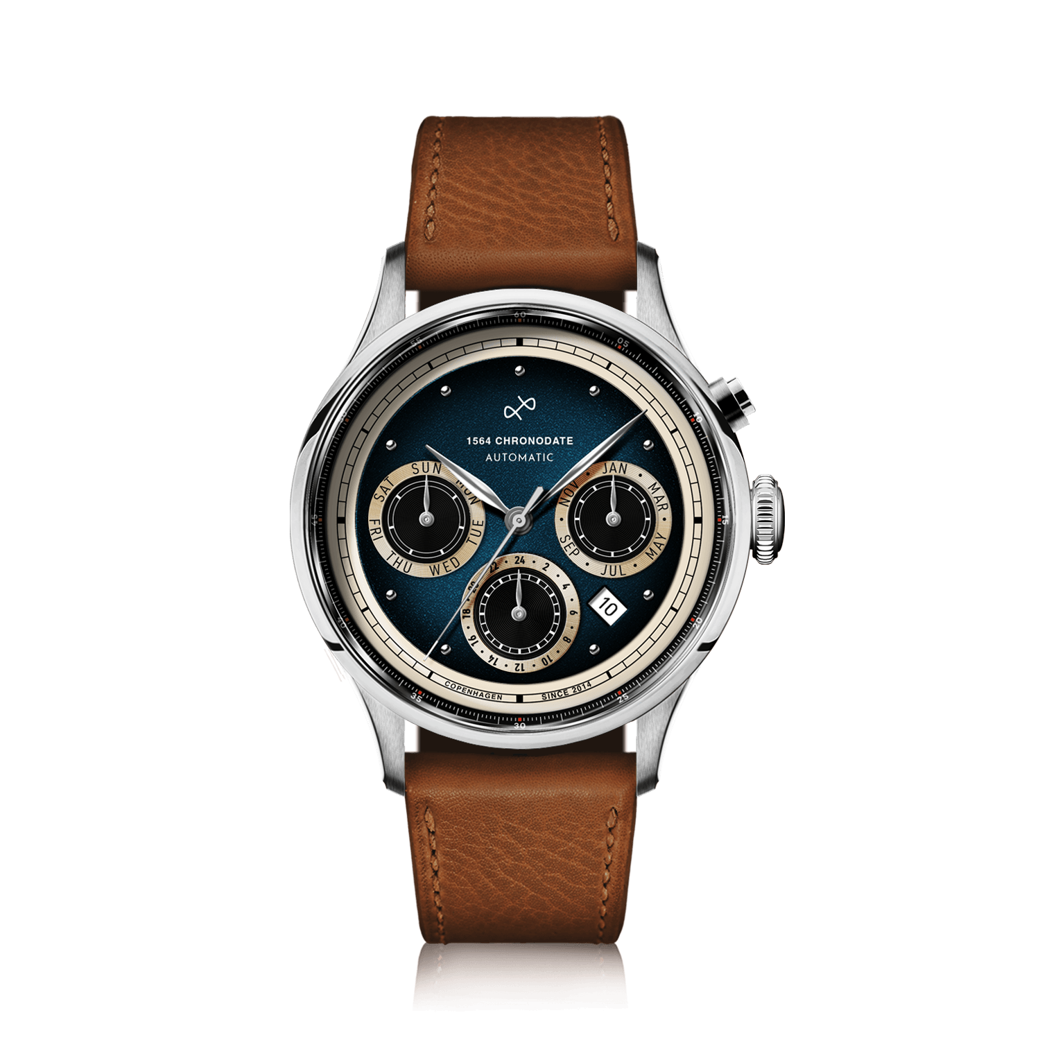 1564 Chronodate Automatic by AV86 features a vintage-inspired automatic chronograph with a deep blue sunray dial, cream subdials for day, month, and 24-hour functions, polished stainless steel case, sapphire crystal, and a rich brown vintage leather strap, embodying Nordic minimalism and Danish horological craftsmanship.
