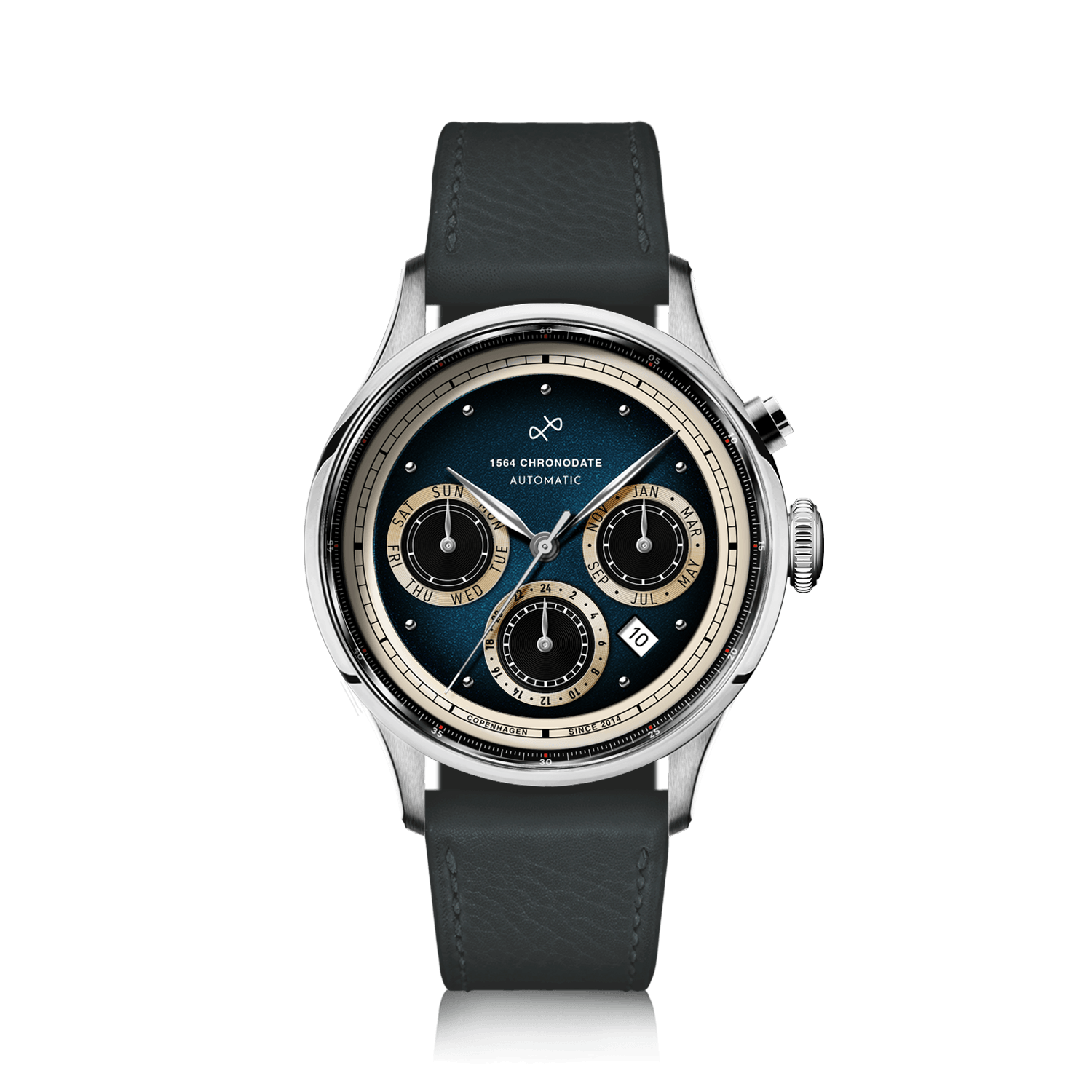 1564 Chronodate Automatic, Steel / Blue by AV86 features a vintage-inspired automatic chronograph with a deep gradient blue dial, cream subdials for day, month, and 24-hour time, a polished stainless steel case, sapphire crystal, and a textured dark grey leather strap, reflecting Danish design and Nordic minimalism.