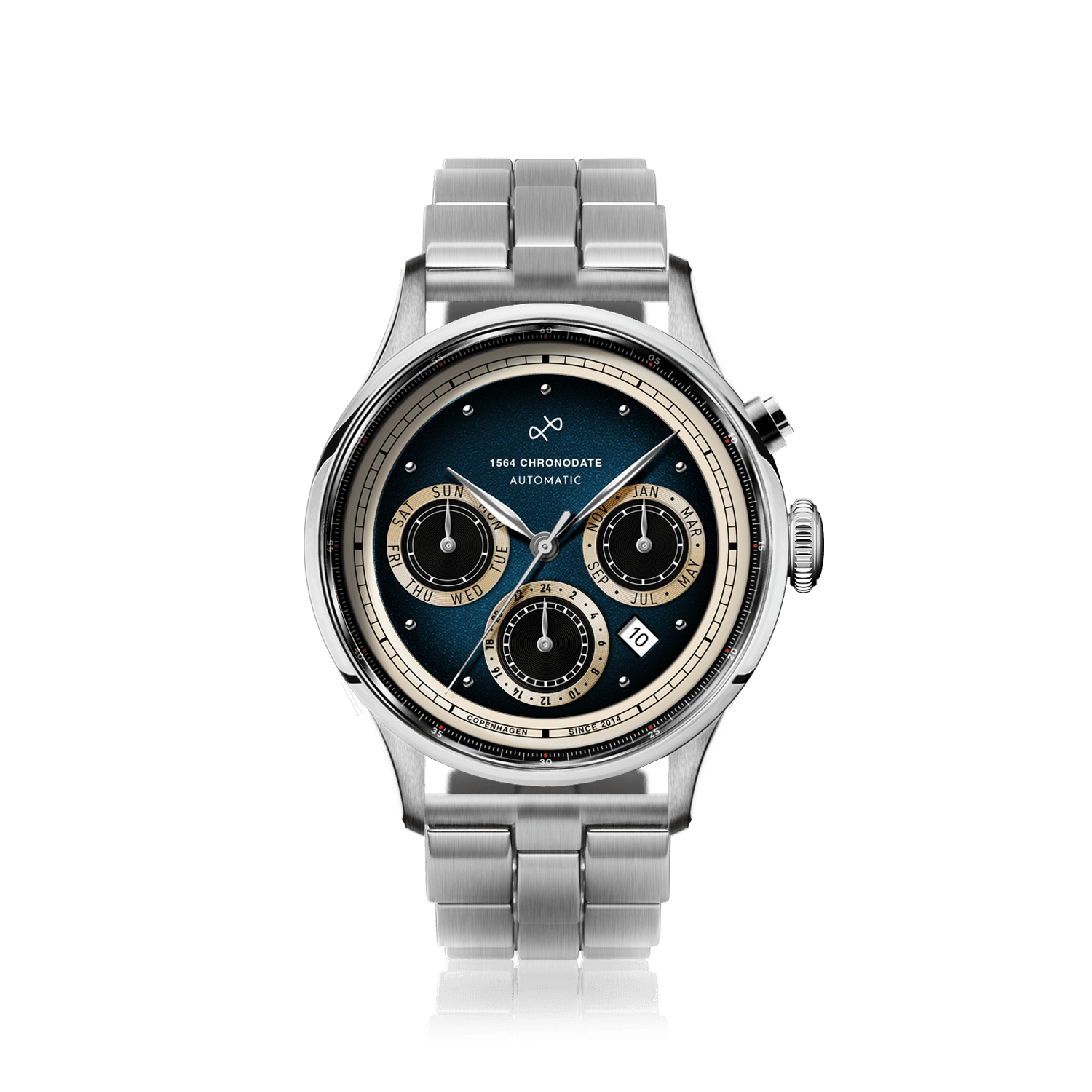 1564 Chronodate Automatic, Steel / Blue by AV86 features a vintage-inspired automatic chronograph with a sunburst blue dial, three cream subdials for day, month, and 24-hour time, housed in a polished stainless steel case with sapphire crystal, paired with a brushed steel bracelet, exemplifying Danish design and Nordic minimalism.