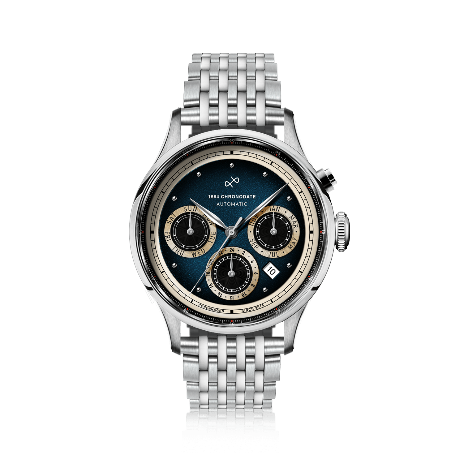 1564 Chronodate Automatic, Steel / Blue by AV86 is a vintage-inspired automatic chronograph with a gradient blue dial, multiple subdials for day, month, and 24-hour display, set in a polished stainless steel case with sapphire crystal, complemented by a finely linked steel bracelet, embodying Scandinavian horological excellence and refined Danish design.
