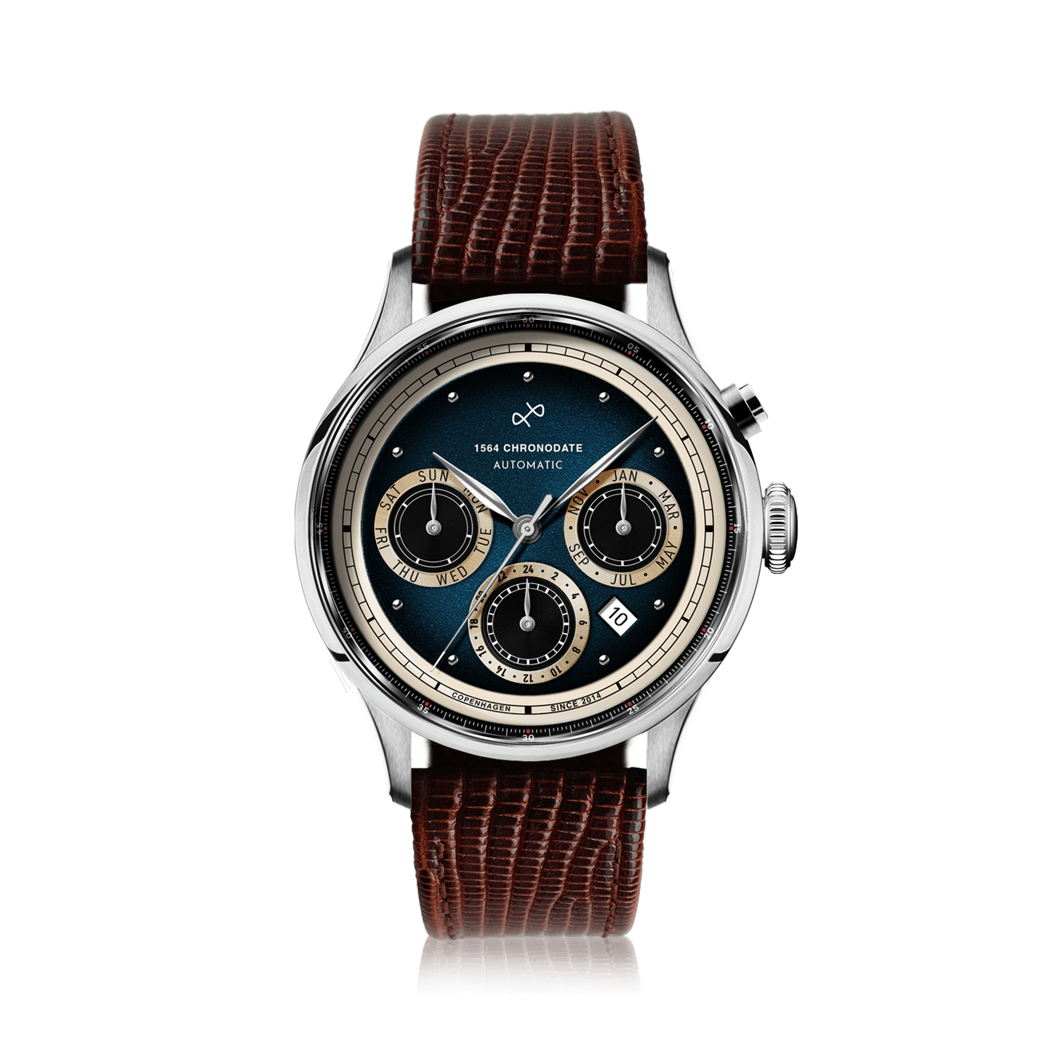 1564 Chronodate Automatic by AV86 showcases a vintage-inspired automatic chronograph with a gradient blue dial, cream subdials for day, month, and 24-hour time, housed in a polished stainless steel case with sapphire crystal, paired with a textured brown lizard leather strap, exemplifying Danish design and Nordic minimalism.