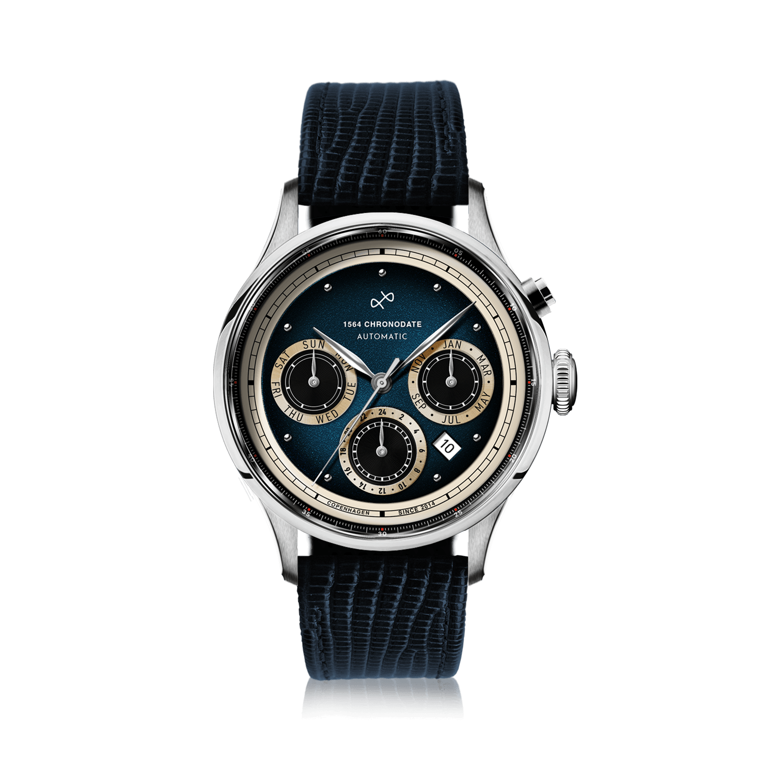 1564 Chronodate Automatic by AV86 showcases a vintage-inspired automatic chronograph with a deep blue sunray dial, cream subdials displaying day, month, and 24-hour time, housed in a polished stainless steel case with sapphire crystal, paired with a textured navy lizard leather strap, embodying refined Danish design and Nordic minimalism.