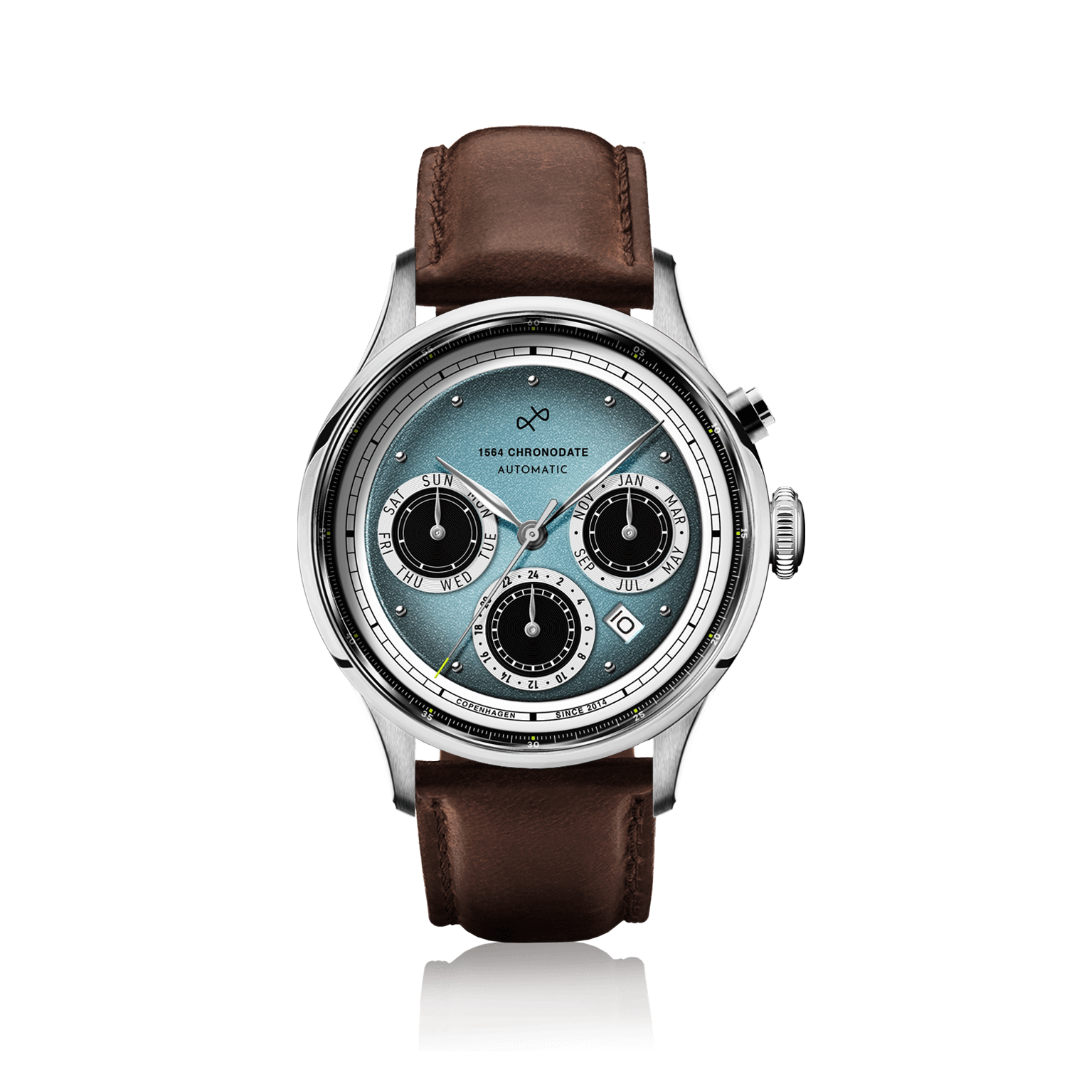 1564 Chronodate Automatic by AV86 vintage-inspired chronograph with sapphire crystal, automatic movement, and brown leather strap