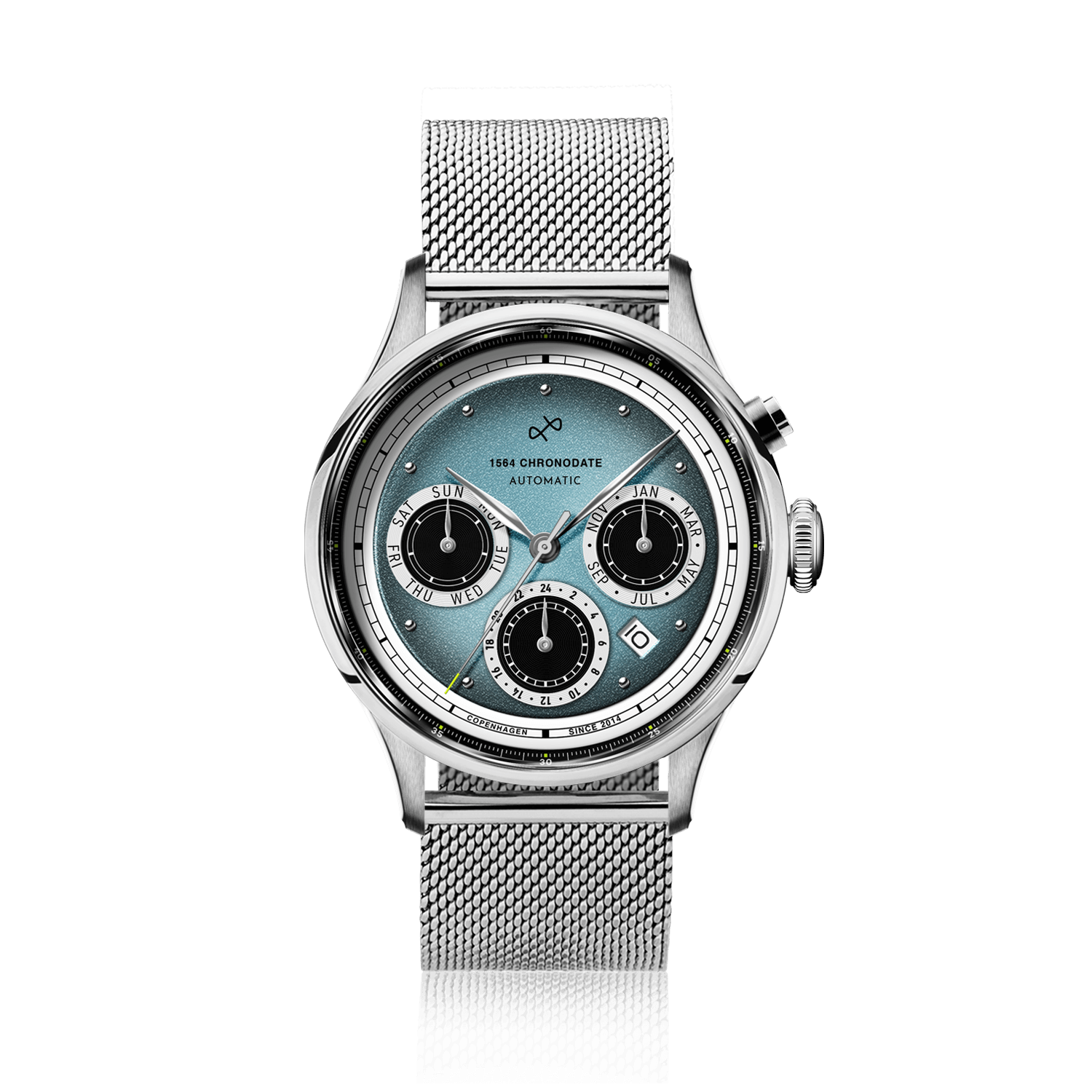 1564 Chronodate Automatic by AV86 luxury vintage-inspired chronograph with sapphire crystal and stainless steel mesh strap