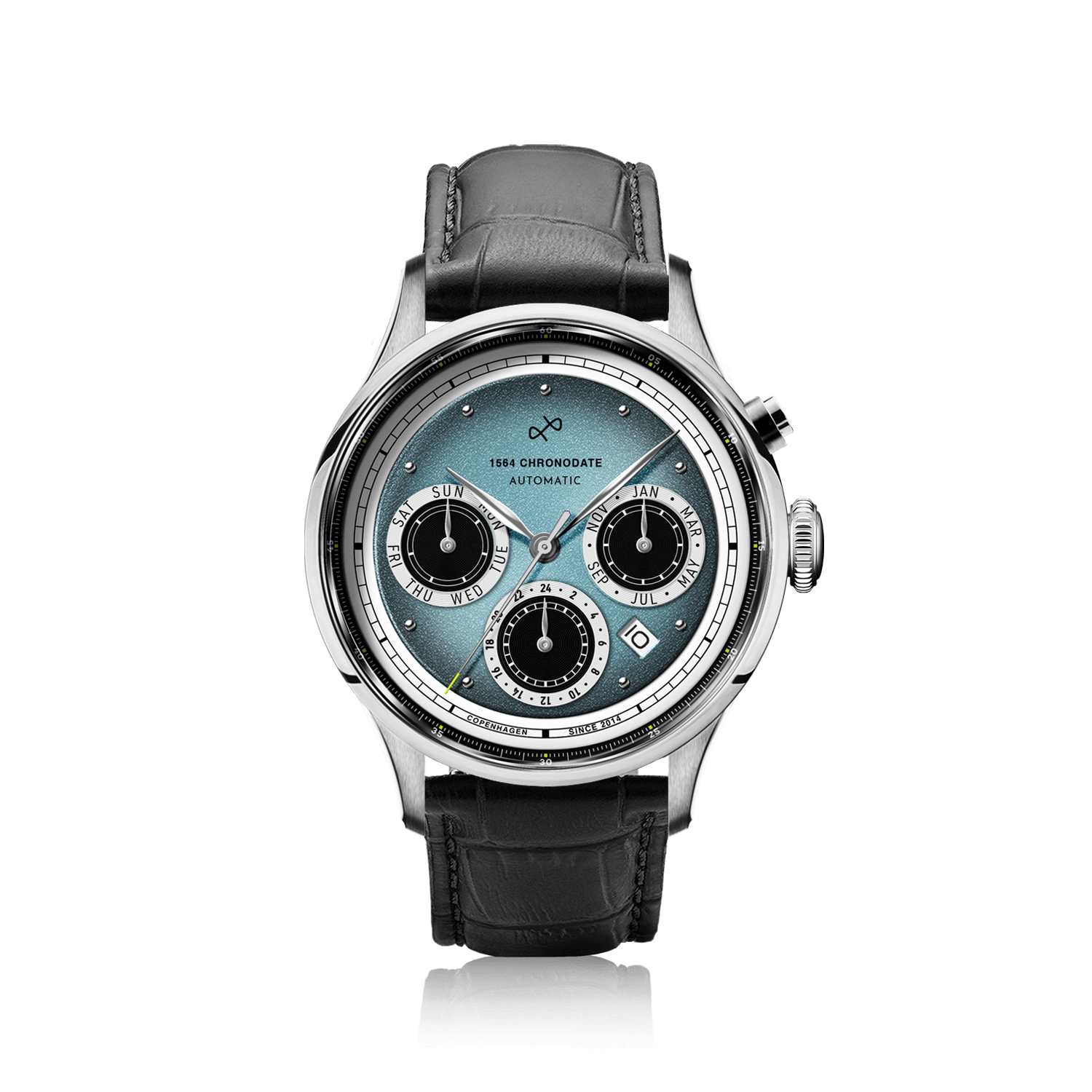 1564 Chronodate Automatic by AV86 luxury vintage-inspired chronograph with sapphire crystal and black leather strap