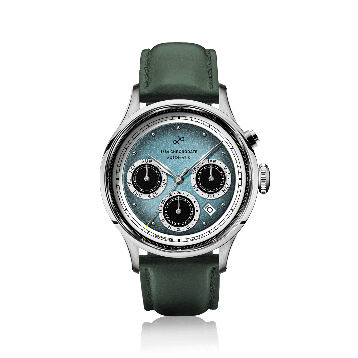 1564 Chronodate Automatic by AV86 vintage-inspired chronograph with sapphire crystal, automatic movement, and leather strap