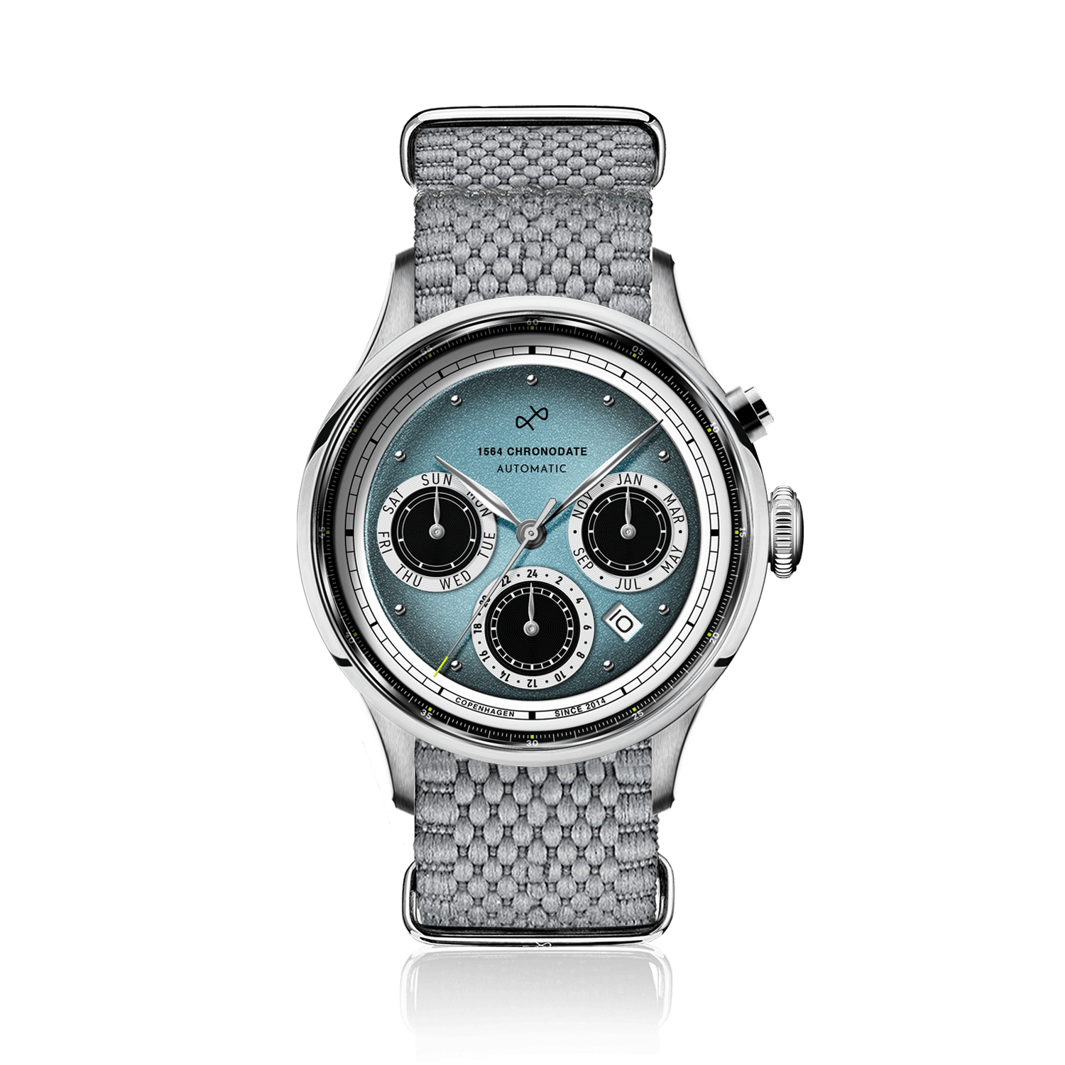 1564 Chronodate Automatic by AV86 luxury vintage-inspired chronograph with sapphire crystal and textured fabric strap