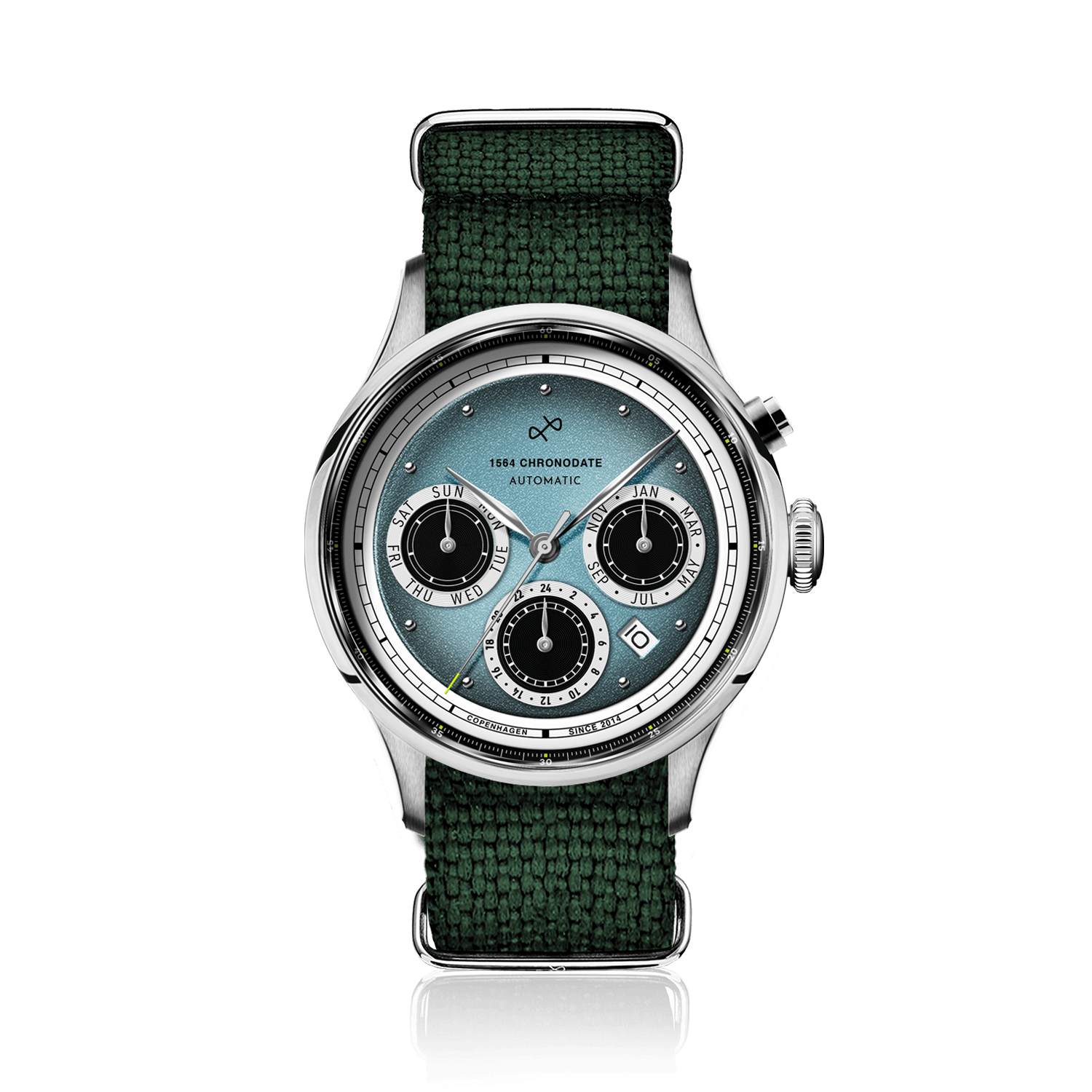 1564 Chronodate Automatic by AV86 vintage-inspired automatic chronograph with sapphire crystal, multifunction dial, and green fabric strap