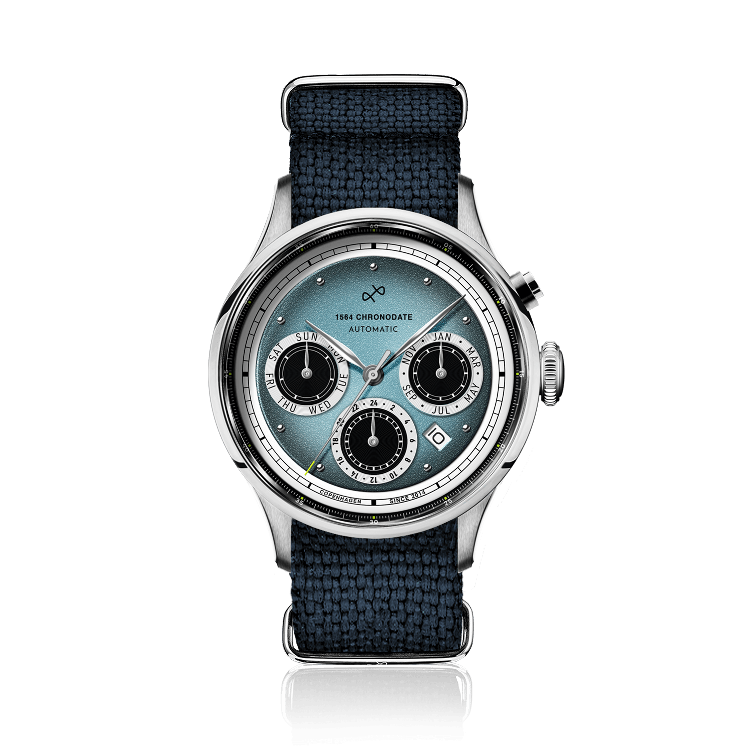 1564 Chronodate Automatic by AV86 with vintage-inspired dial, sapphire crystal, chronograph function, and textured fabric strap