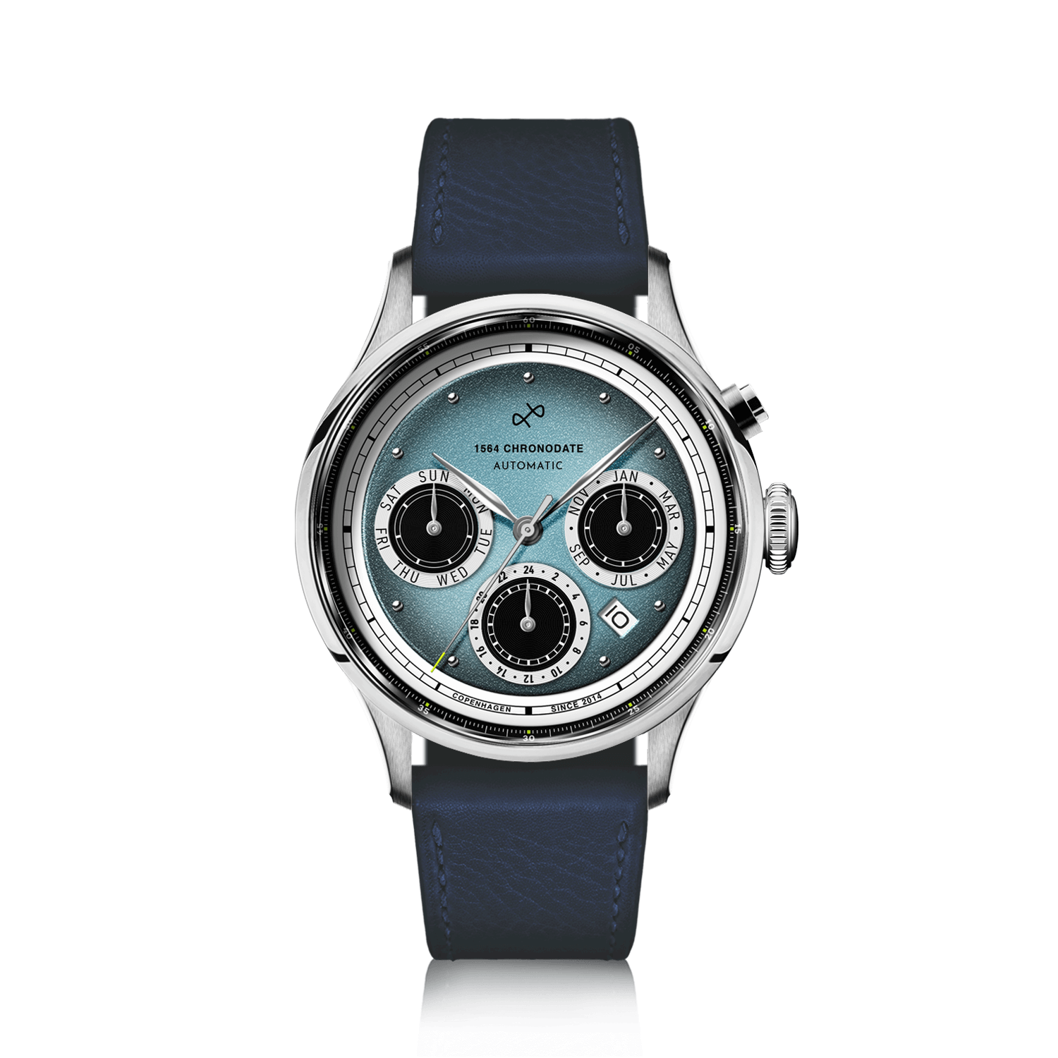 1564 Chronodate Automatic by AV86 vintage-inspired chronograph with sapphire crystal, automatic movement, and leather strap