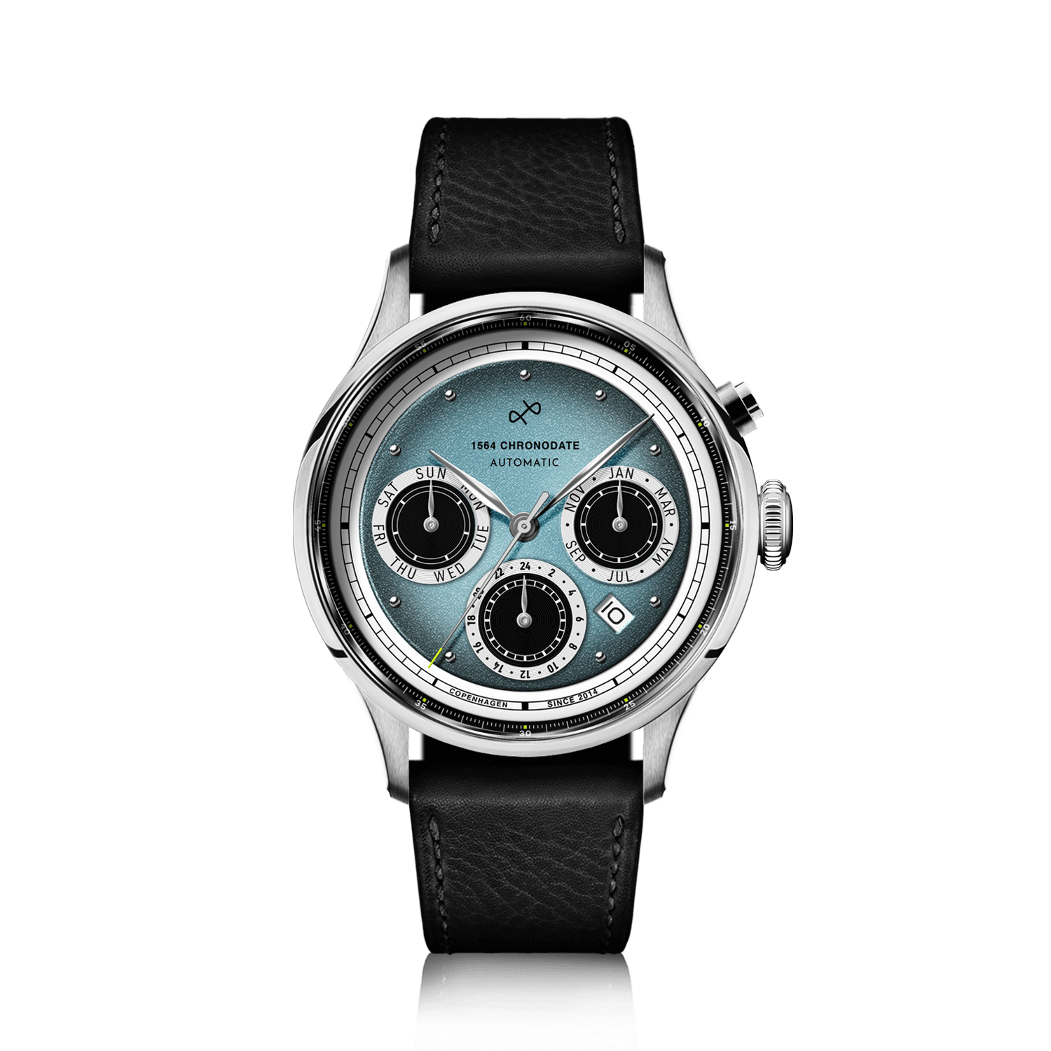 1564 Chronodate Automatic by AV86 vintage-inspired automatic chronograph with sapphire crystal, multi-function dial, and black leather strap