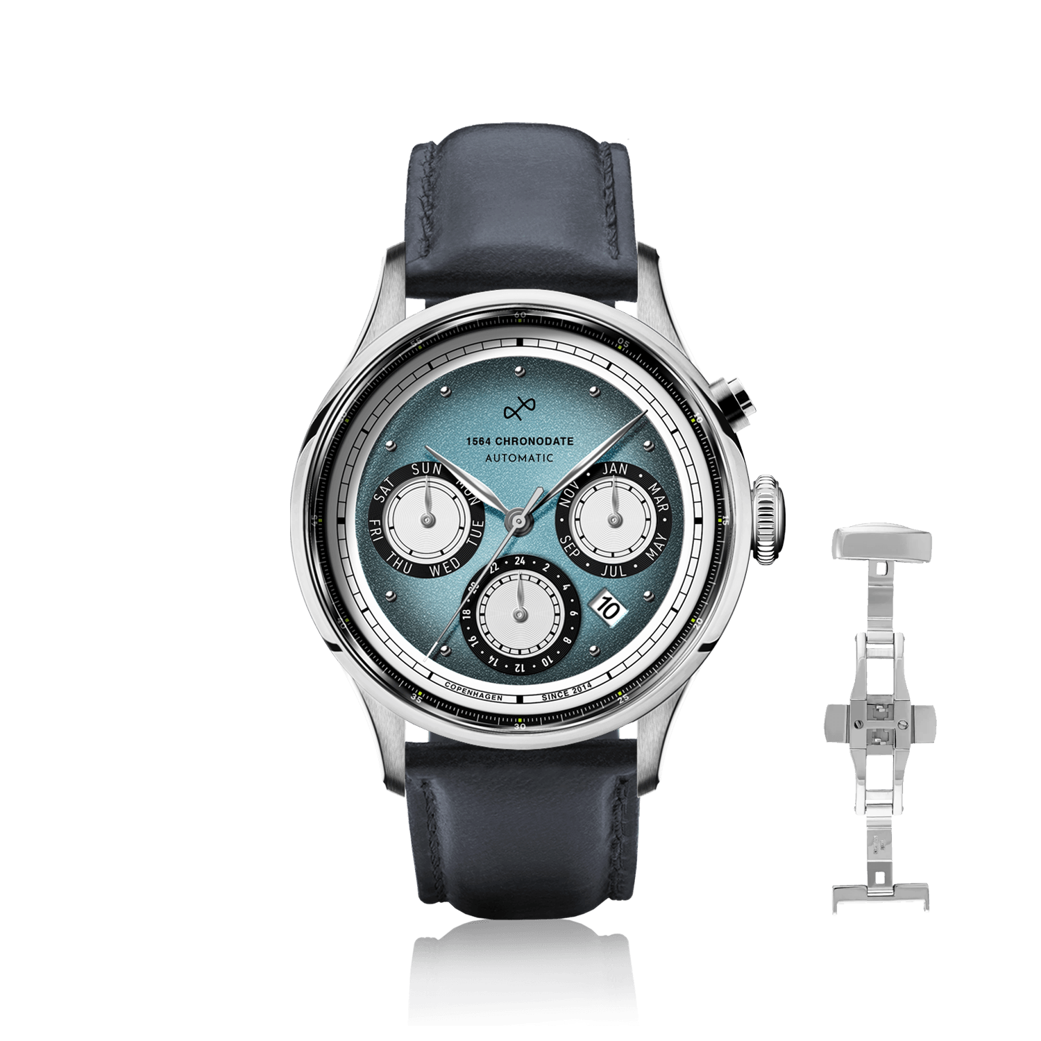 1564 Chronodate Automatic, Steel / Ice Blue & White