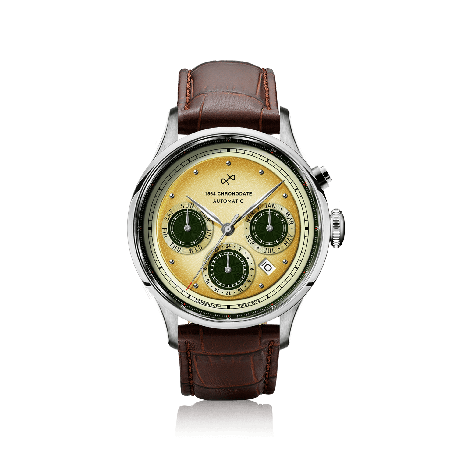 1564 Chronodate Automatic by AV86 vintage-inspired chronograph with sapphire crystal, subdials, and brown leather strap