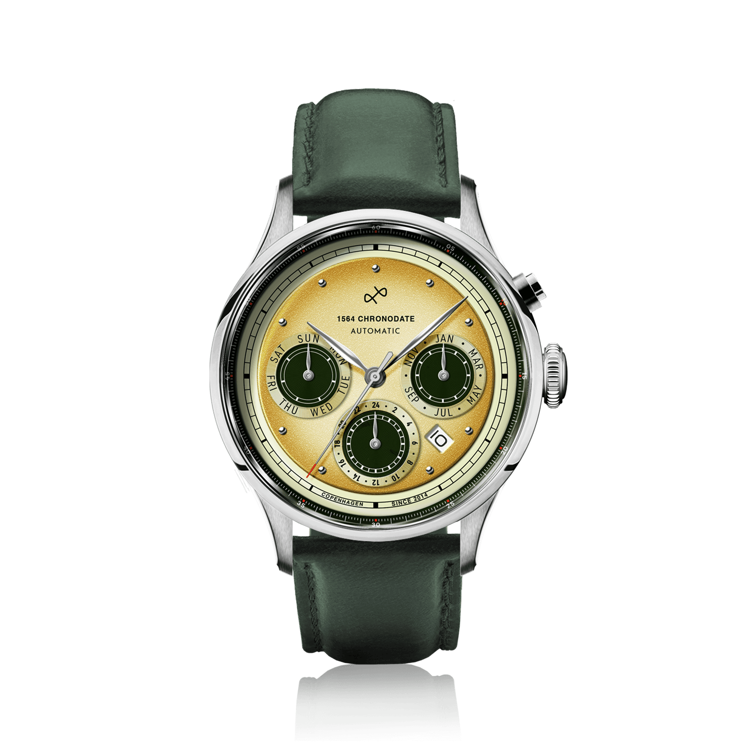 1564 Chronodate Automatic by AV86 vintage-inspired automatic watch with sapphire crystal, chronograph dial, and green leather strap