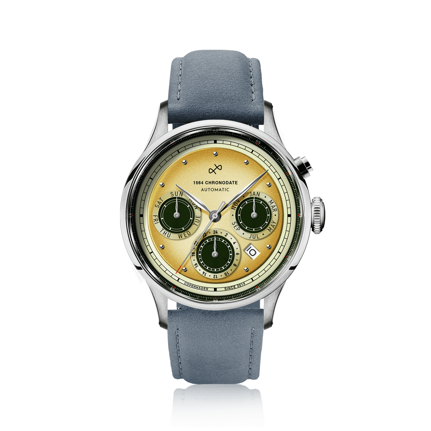 1564 Chronodate Automatic by AV86 luxury automatic chronograph with sapphire crystal, vintage-inspired dial, and grey leather strap