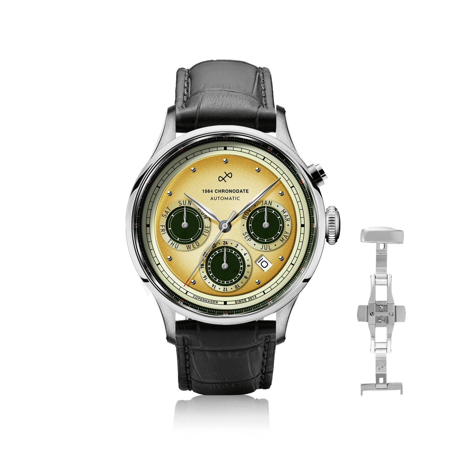 1564 Chronodate Automatic by AV86 vintage-inspired chronograph with sapphire crystal, subdials, and black leather strap