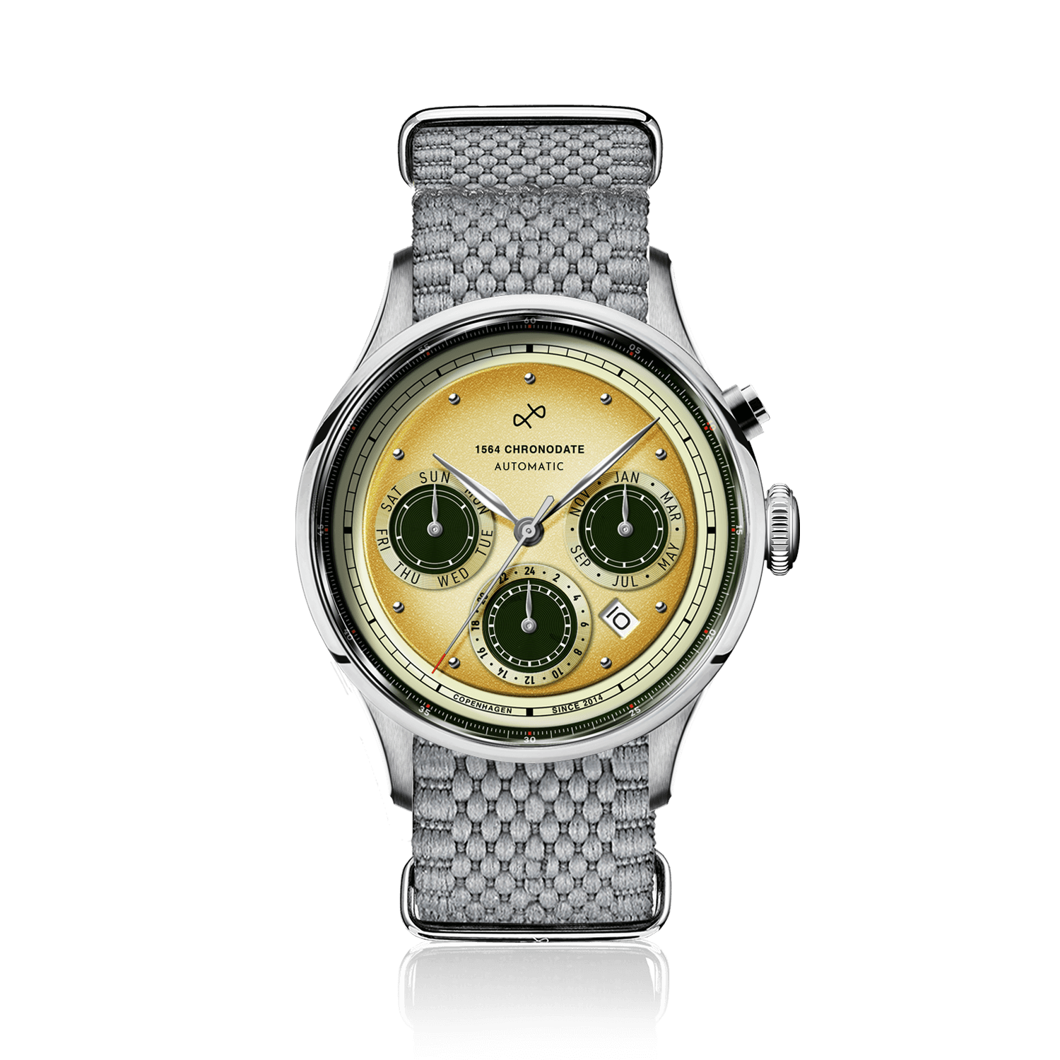 1564 Chronodate Automatic by AV86 vintage-inspired automatic watch with sapphire crystal, chronograph dial, and woven fabric strap