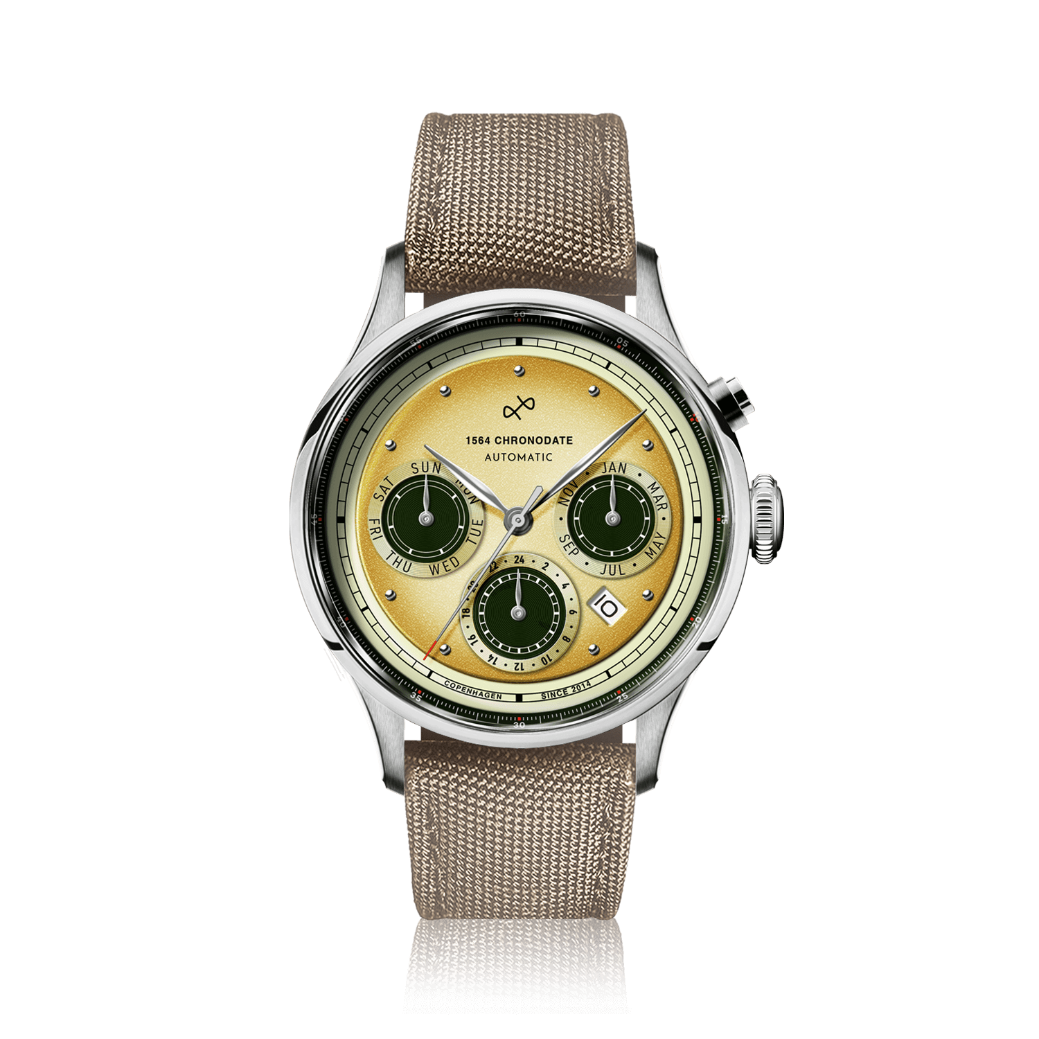 1564 Chronodate Automatic by AV86 vintage-inspired chronograph with sapphire crystal, textured fabric strap, and multifunction dial