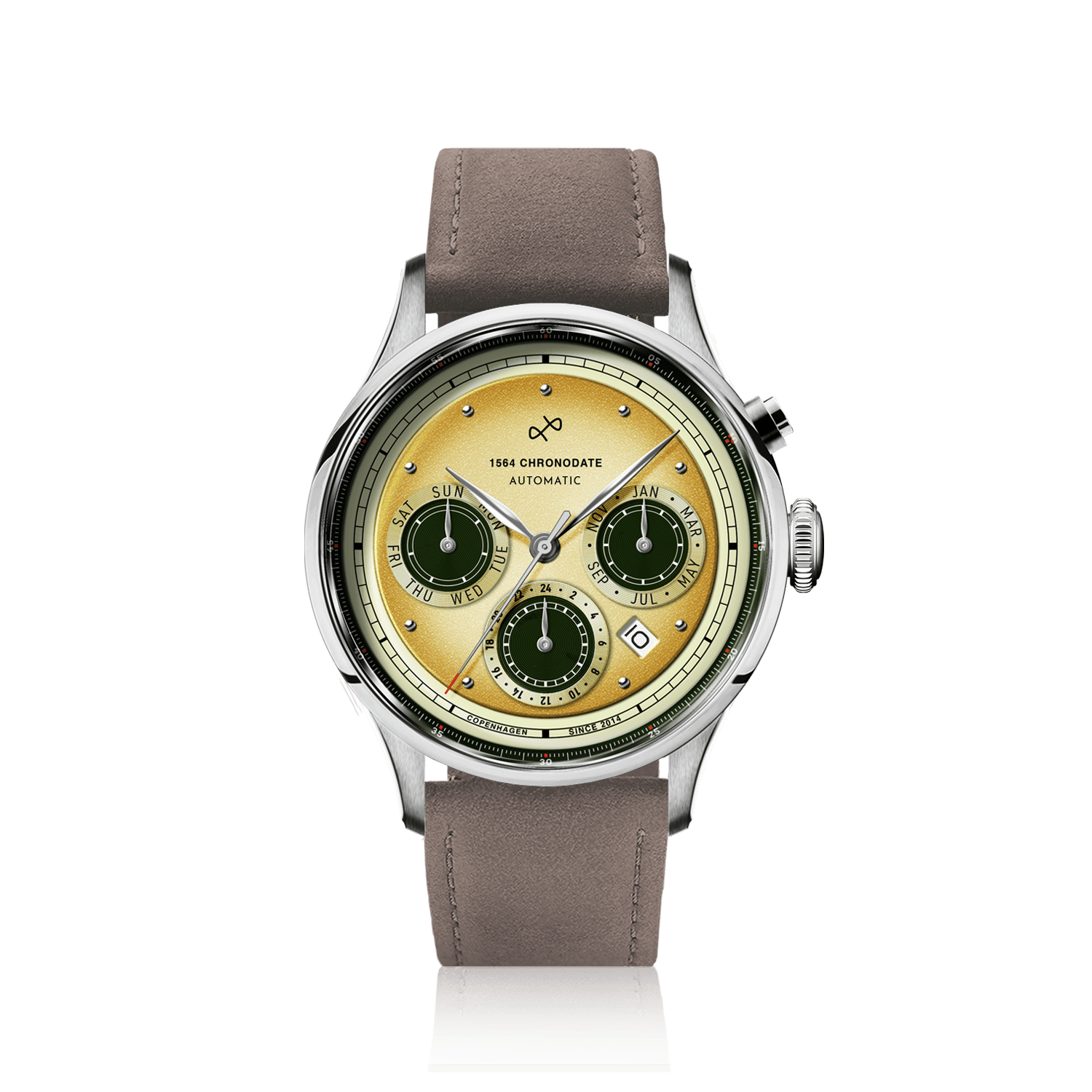 1564 Chronodate Automatic by AV86 vintage-inspired automatic chronograph with sapphire crystal and taupe leather strap