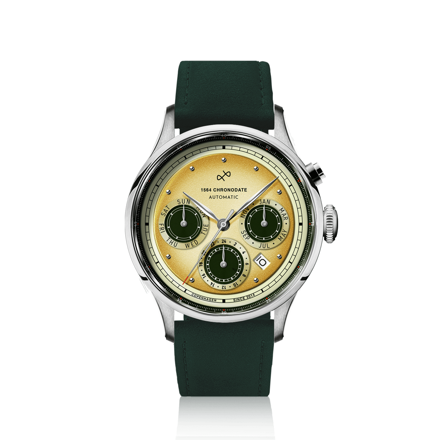 1564 Chronodate Automatic by AV86 vintage-inspired automatic chronograph with sapphire crystal and dark leather strap