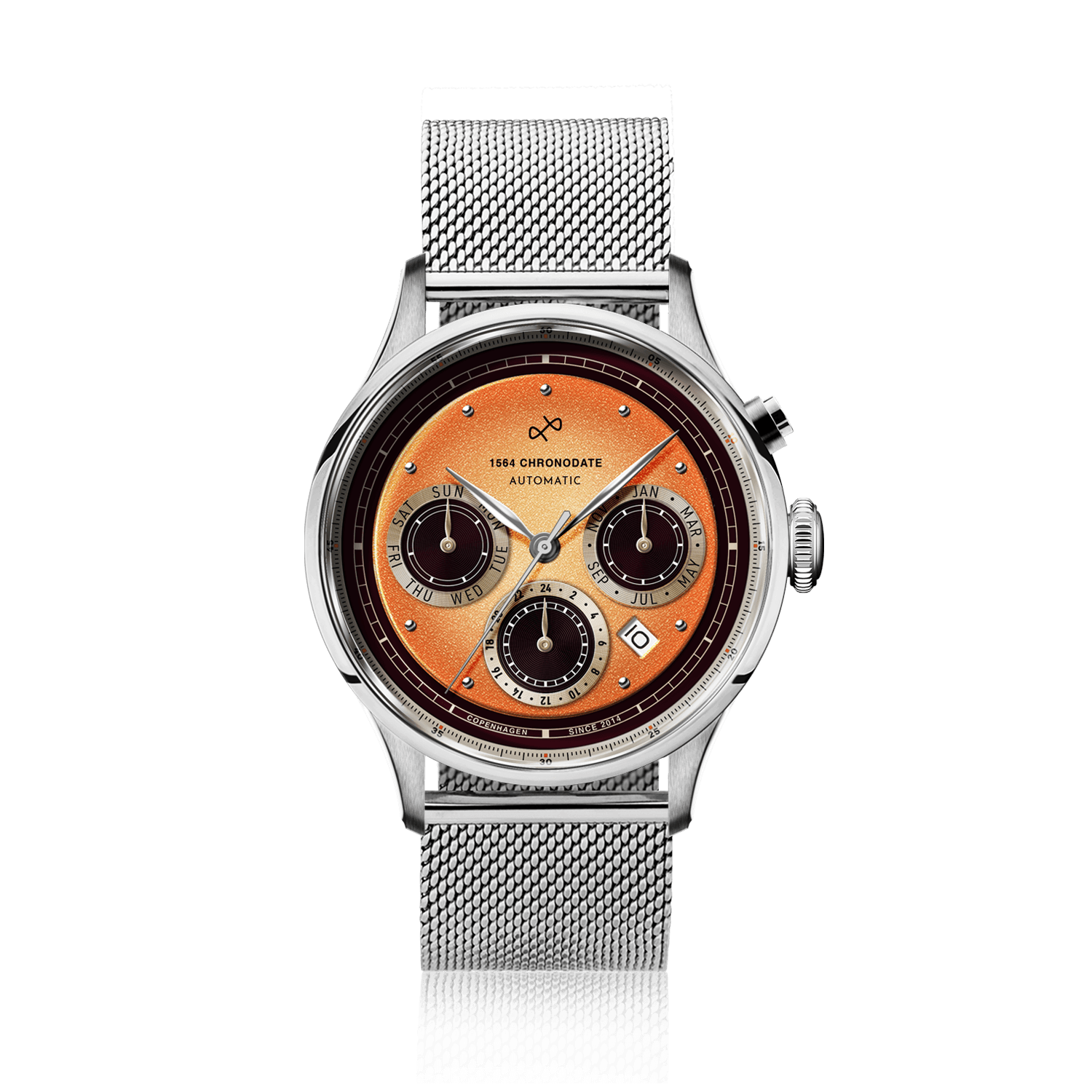 1564 Chronodate Automatic by AV86 vintage-inspired chronograph with sapphire crystal, multi-register dial, and stainless steel mesh strap