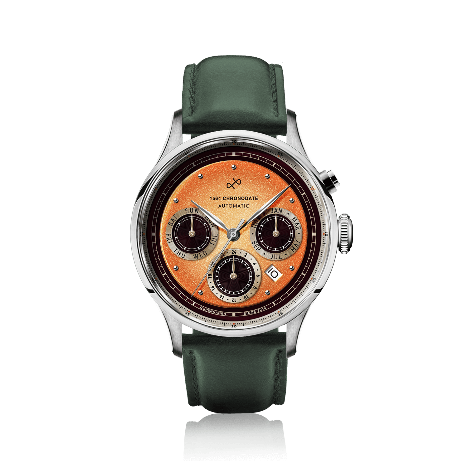 1564 Chronodate Automatic by AV86 vintage-inspired chronograph with sapphire crystal, multi-function dial, and leather strap
