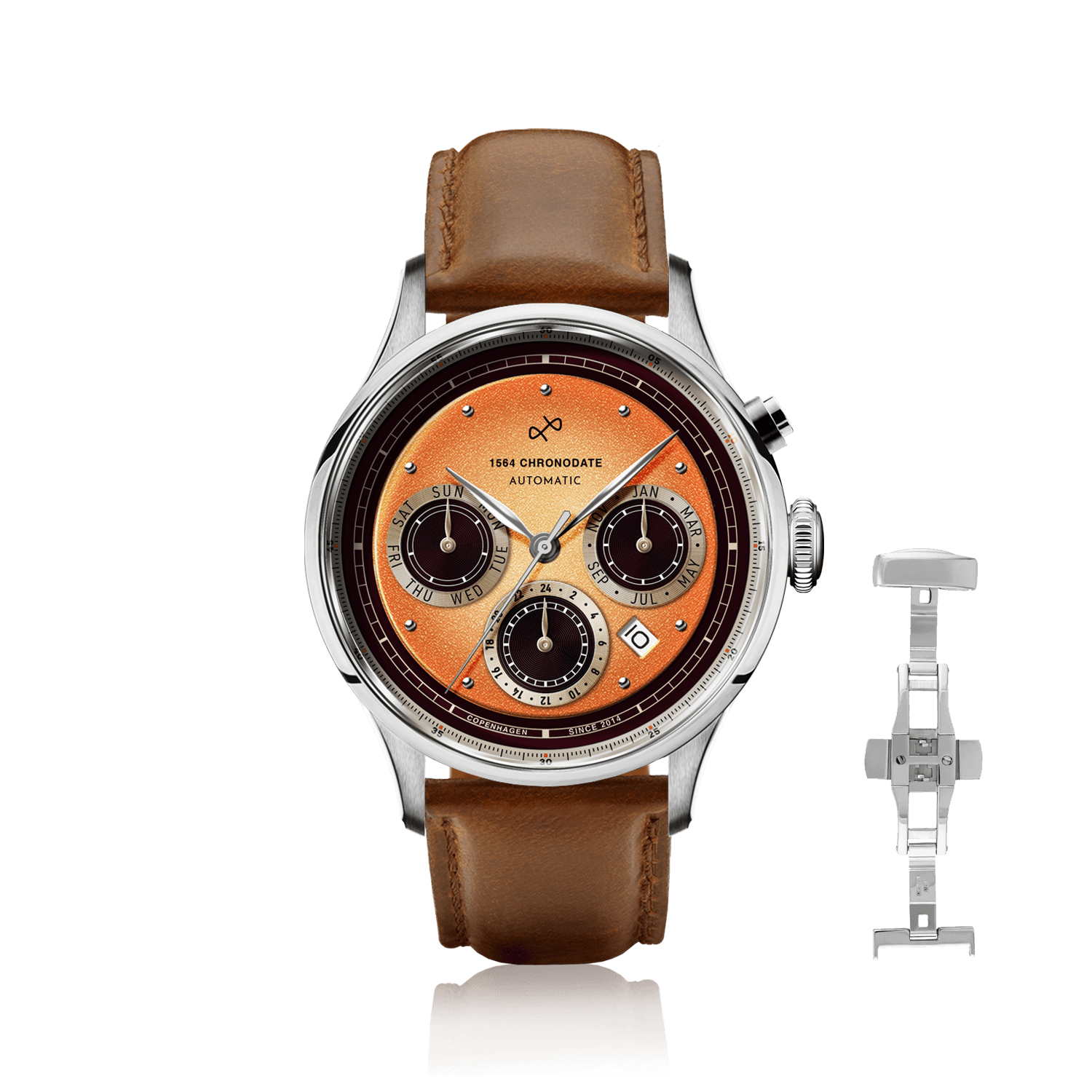 1564 Chronodate Automatic by AV86 with vintage-inspired dial, chronograph, sapphire crystal, and brown leather strap