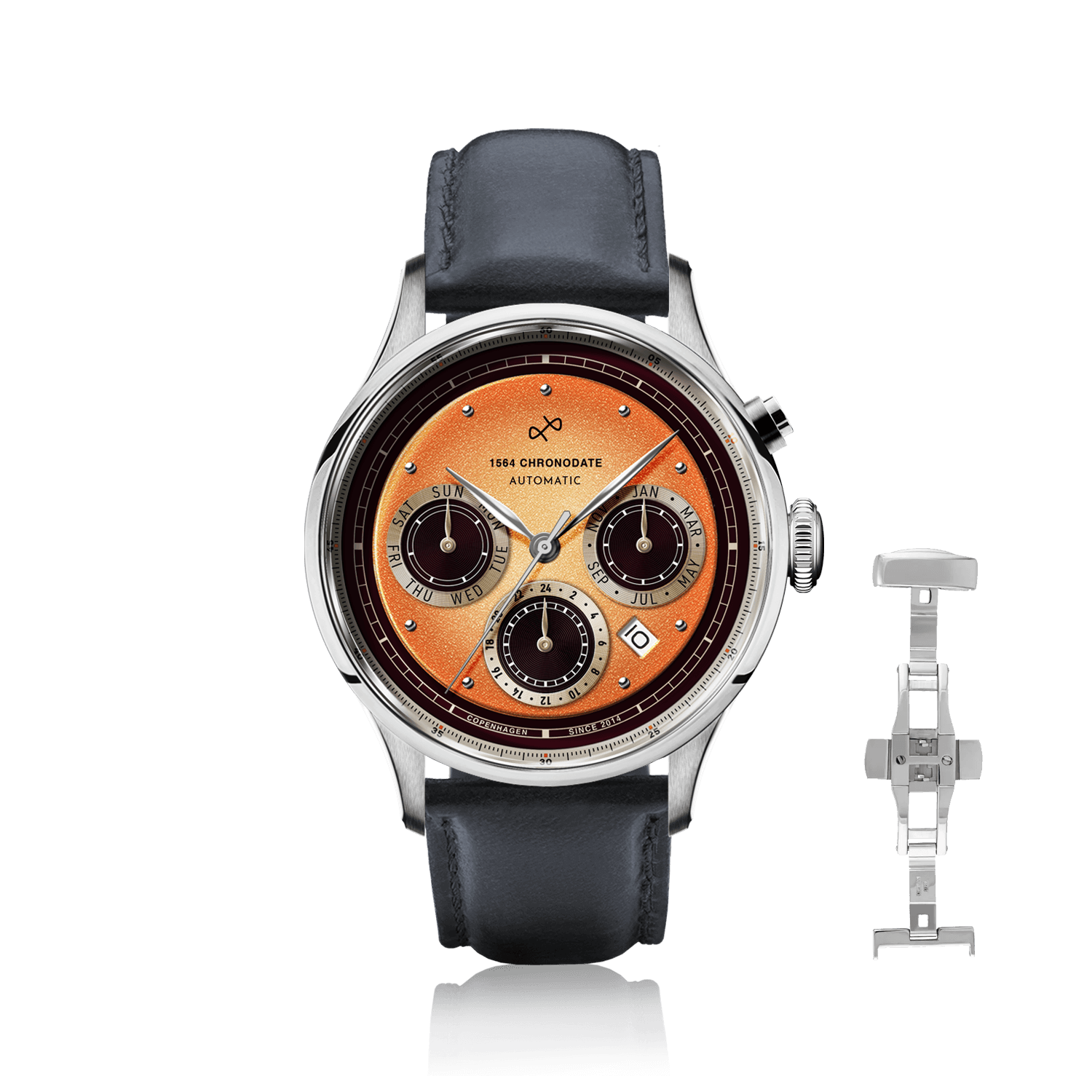 1564 Chronodate Automatic by AV86 vintage-inspired chronograph with sunburst dial, sapphire crystal, and black leather strap