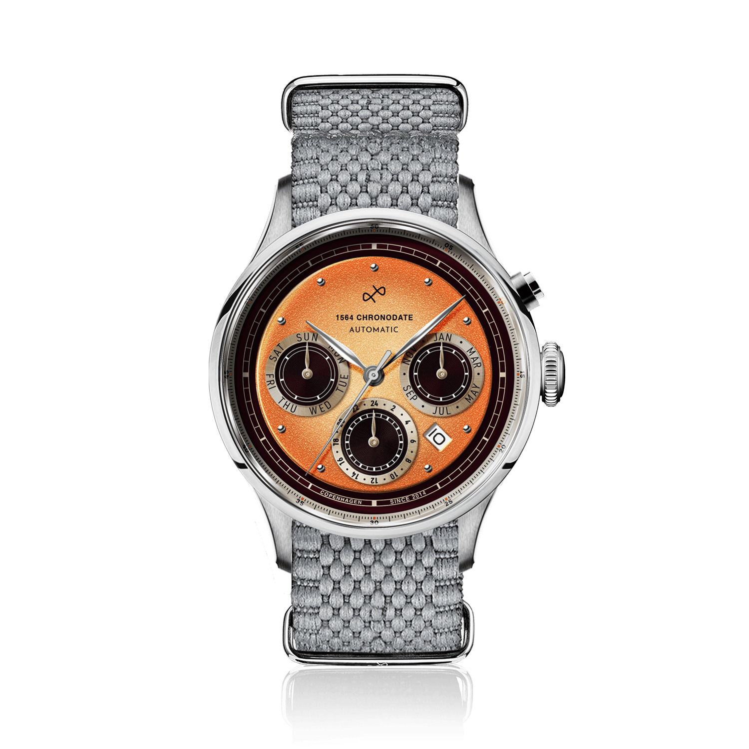 1564 Chronodate Automatic by AV86 vintage-inspired chronograph with sapphire crystal, multifunction dial, and textured fabric strap