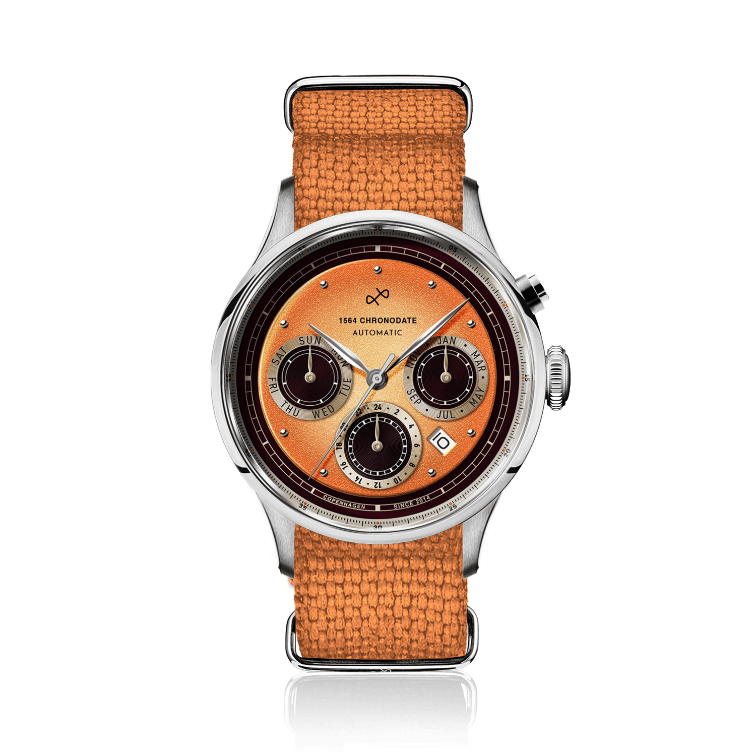1564 Chronodate Automatic by AV86 vintage-inspired chronograph with sapphire crystal, three subdials, and textured fabric strap