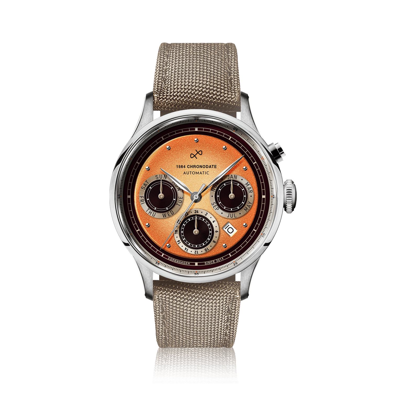 1564 Chronodate Automatic by AV86 vintage-inspired chronograph with sapphire crystal, subdials, and textured fabric strap