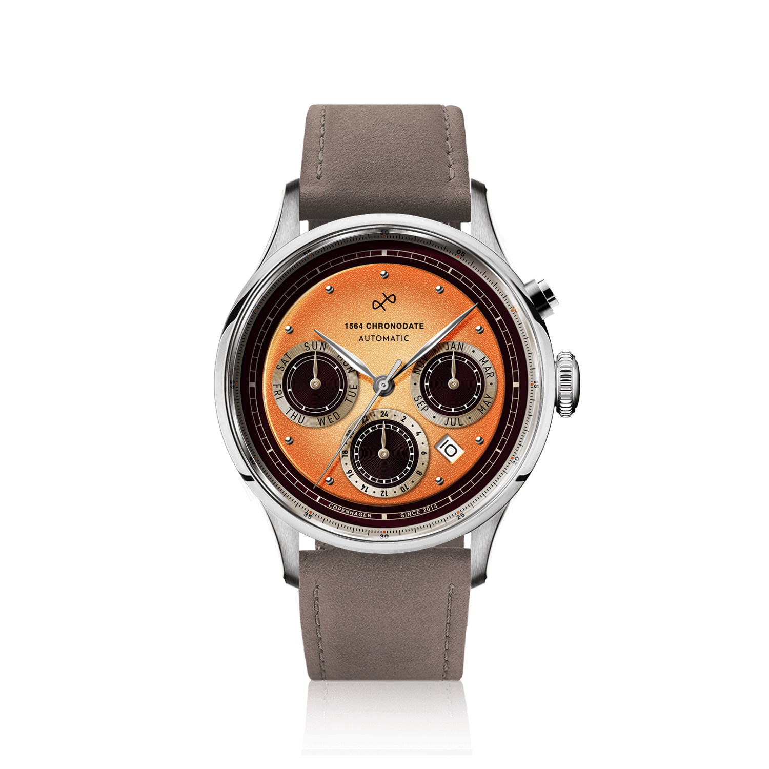 1564 Chronodate Automatic by AV86 vintage-inspired chronograph with sapphire crystal, calendar subdials, and taupe leather strap