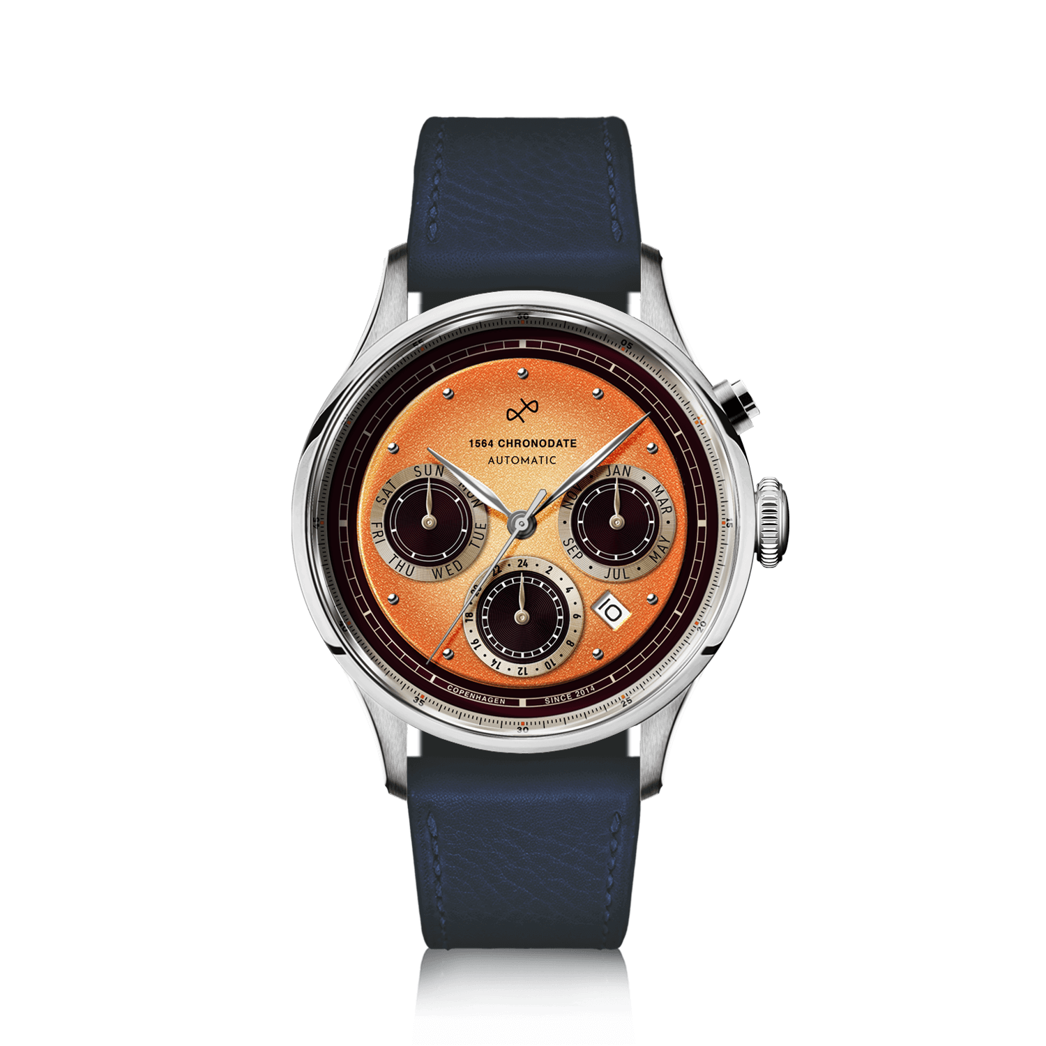 1564 Chronodate Automatic by AV86 vintage-inspired chronograph with sapphire crystal, multi-function dial, and dark leather strap